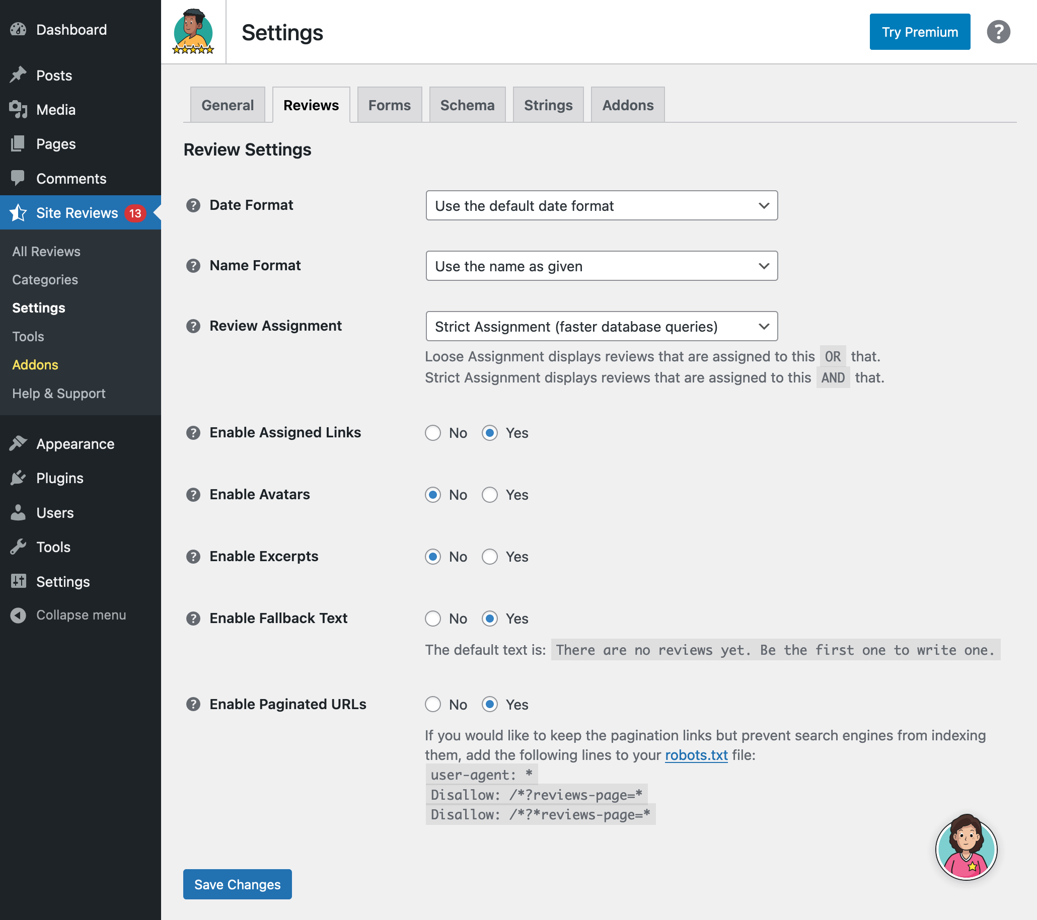 Settings for displaying reviews.