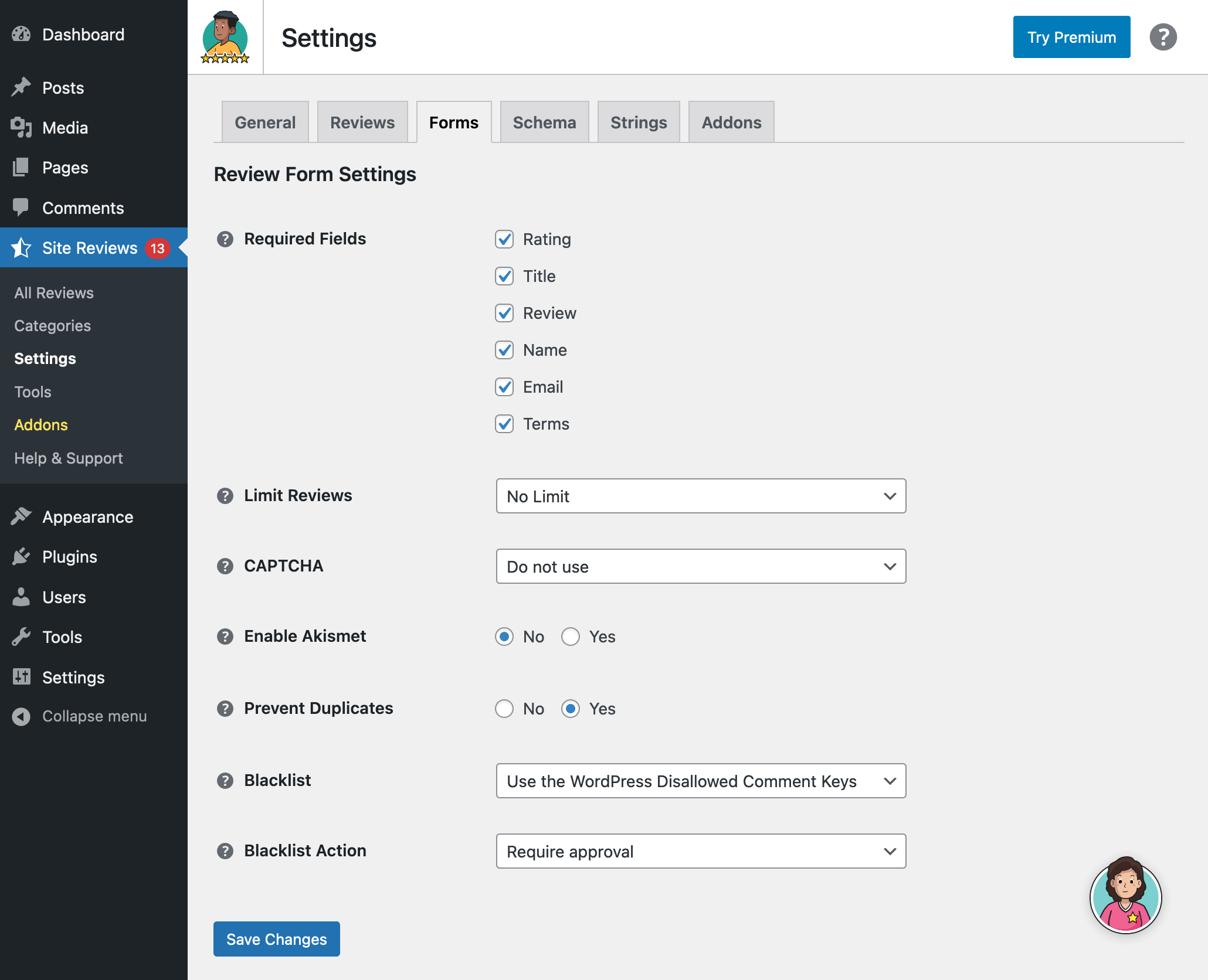 Settings for review form submissions.