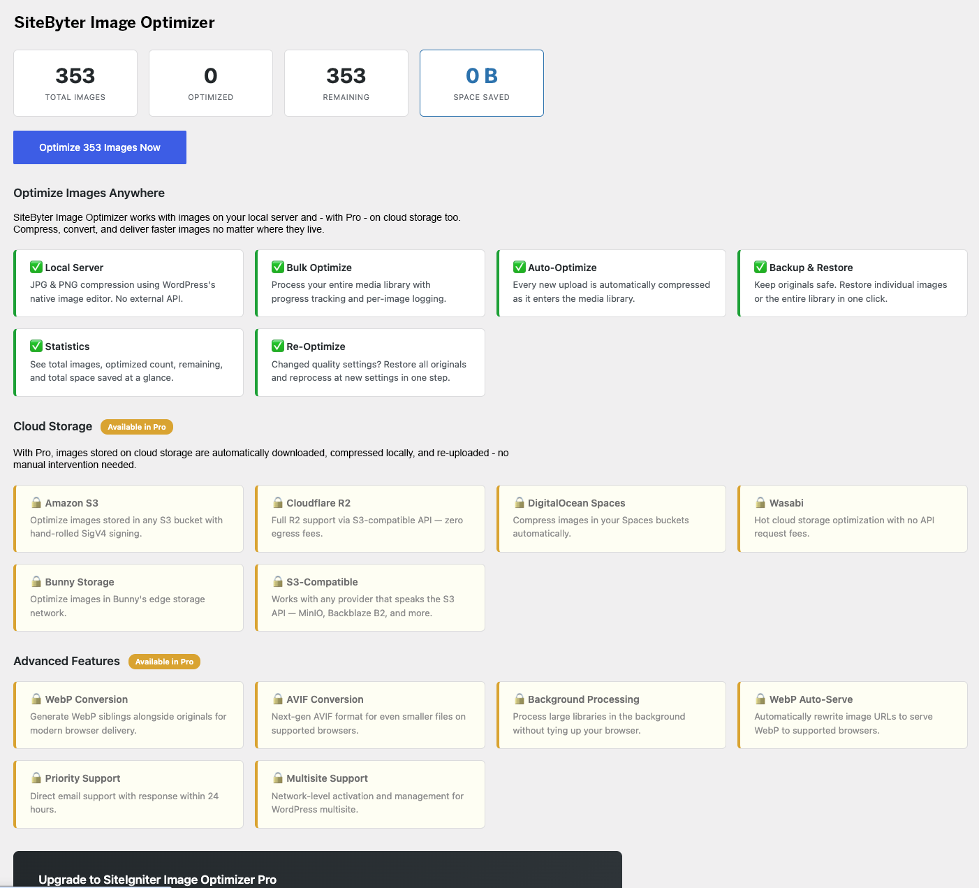 Dashboard — statistics at a glance, free feature cards, and locked Pro feature cards showing the full upgrade path.