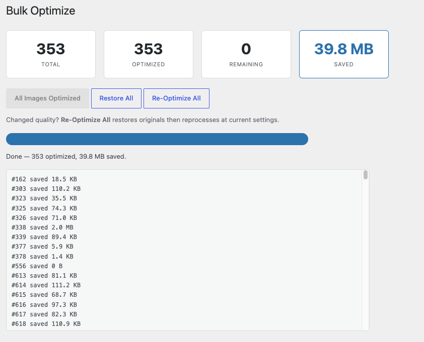 Bulk Optimize — real-time progress bar with per-image processing log showing actual space saved per image.