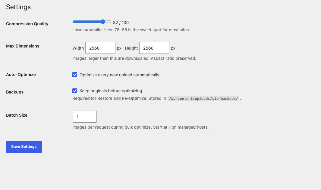 Settings — compression quality slider, max dimensions, auto-optimize on upload, backup controls, and batch size for managed hosts.