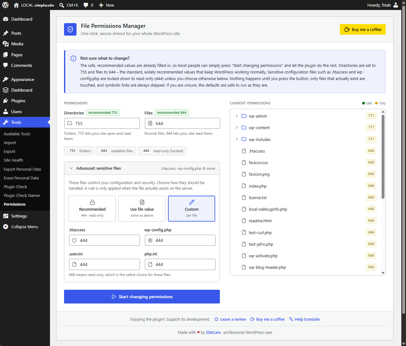 The two-column interface: settings and advanced per-file overrides on the left, live permission tree on the right.