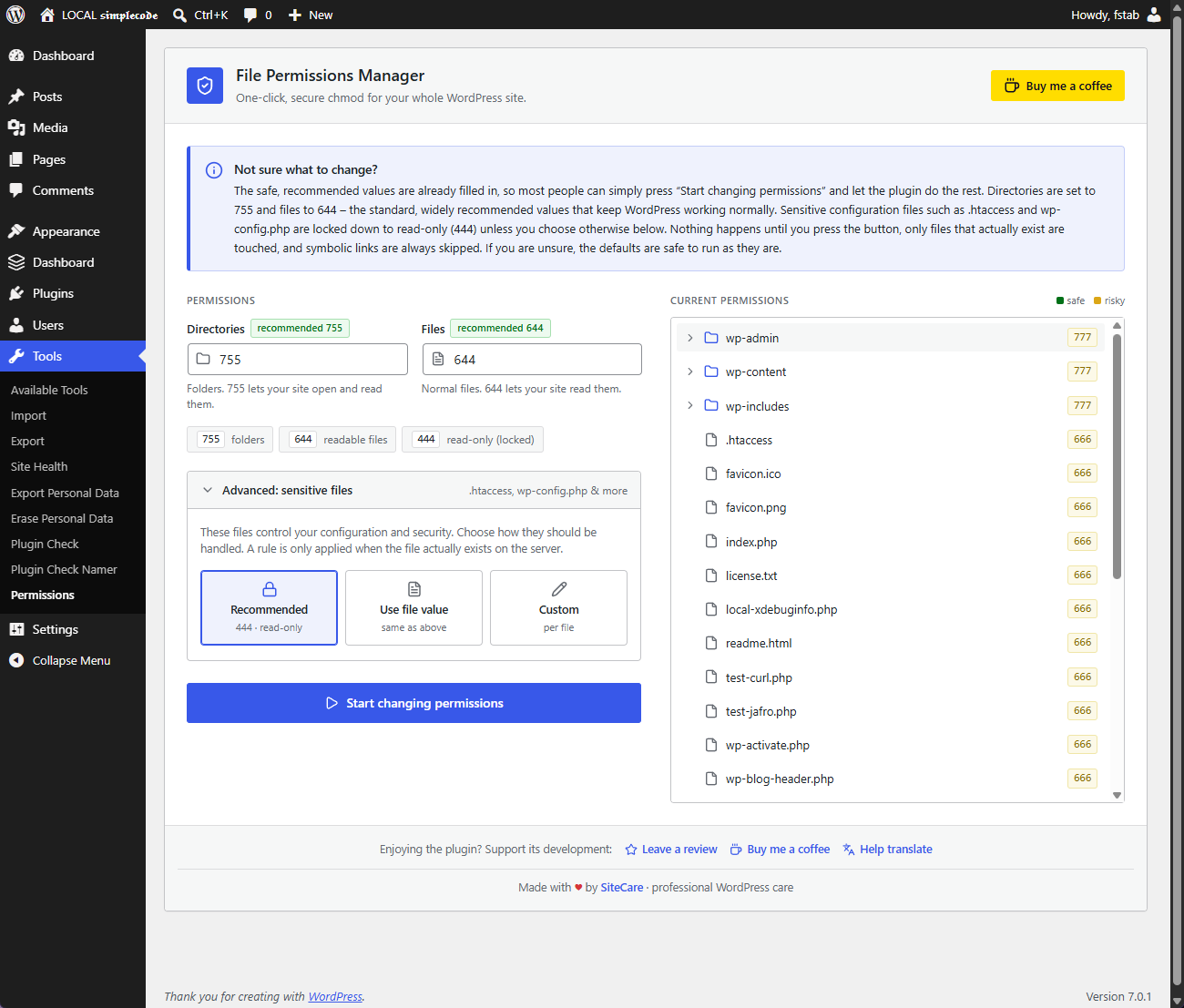 Advanced options for sensitive files with recommended, global or custom modes.