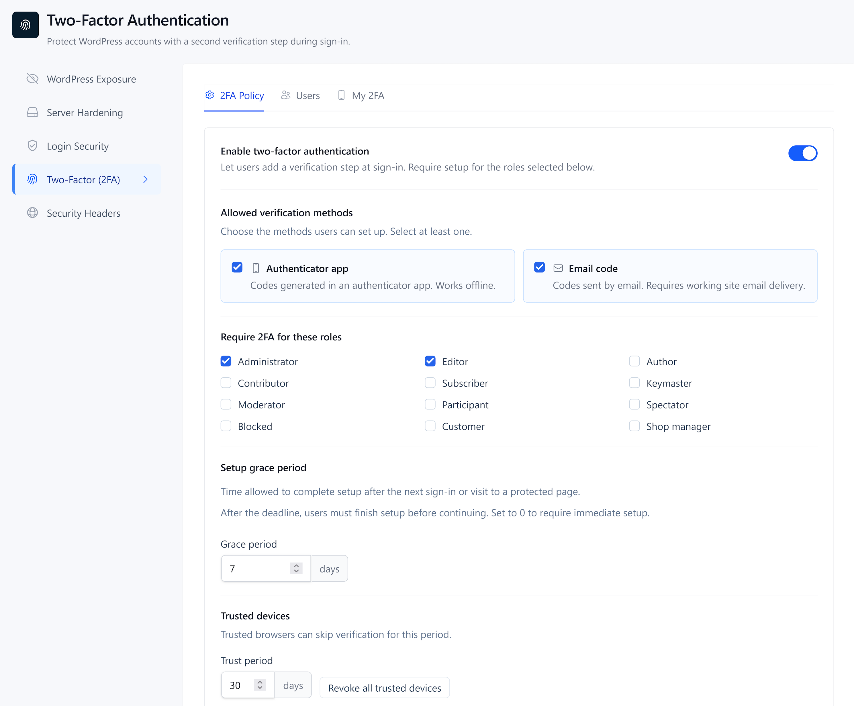 Two-Factor Authentication: Role-based 2FA, authenticator app setup, email codes, and recovery codes.