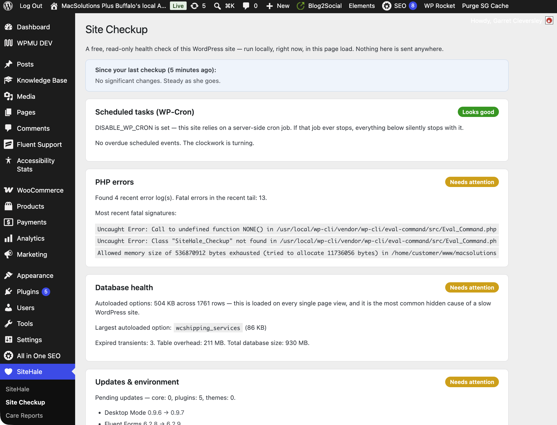 Site Checkup — free local health check: cron, PHP errors, database weight, updates and environment EOL, admin audit, mail test.