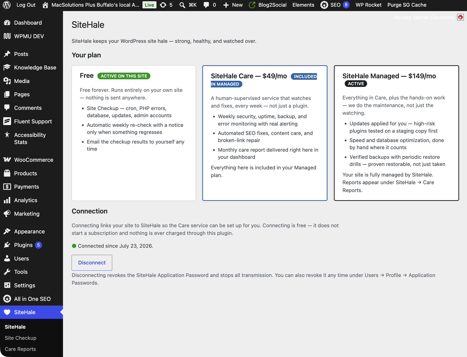 The SiteHale page — what the free plugin does on its own, what the paid Care and Managed plans add, and your connection status. Connecting is one click and uses WordPress core's own Application Passwords flow; the plugin never creates users or mints credentials itself.