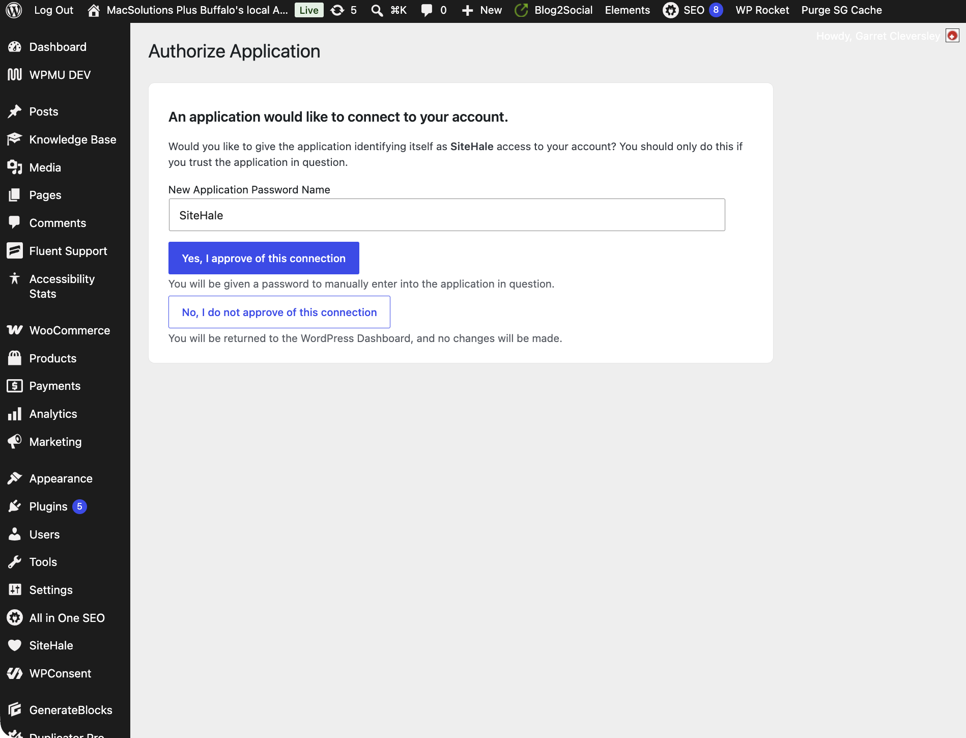 WordPress core's native authorization screen — you approve SiteHale under your own account and can revoke it any time from Users → Profile.