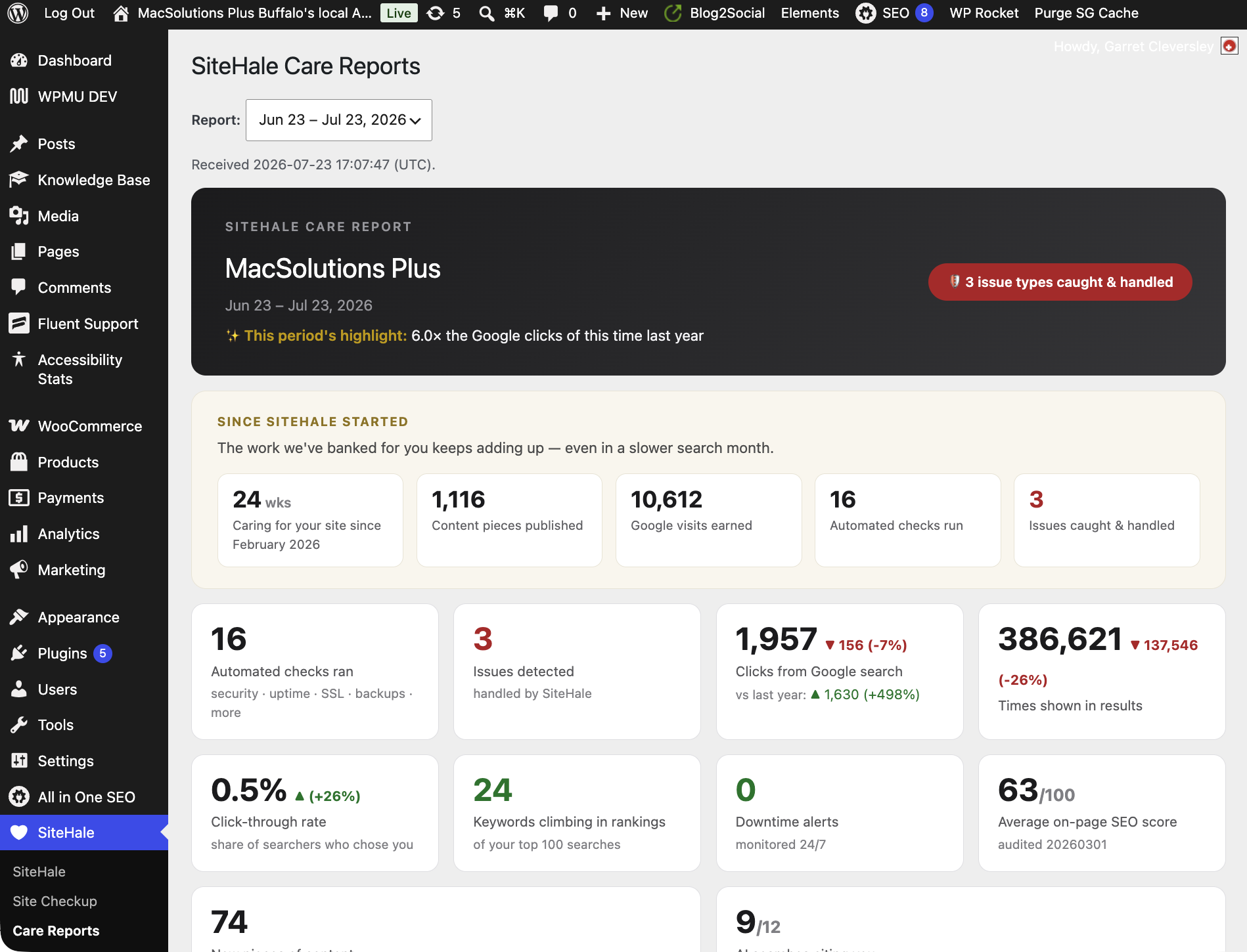 Care Reports — your monthly SiteHale care report rendered right in wp-admin, with the last 12 reports on file.