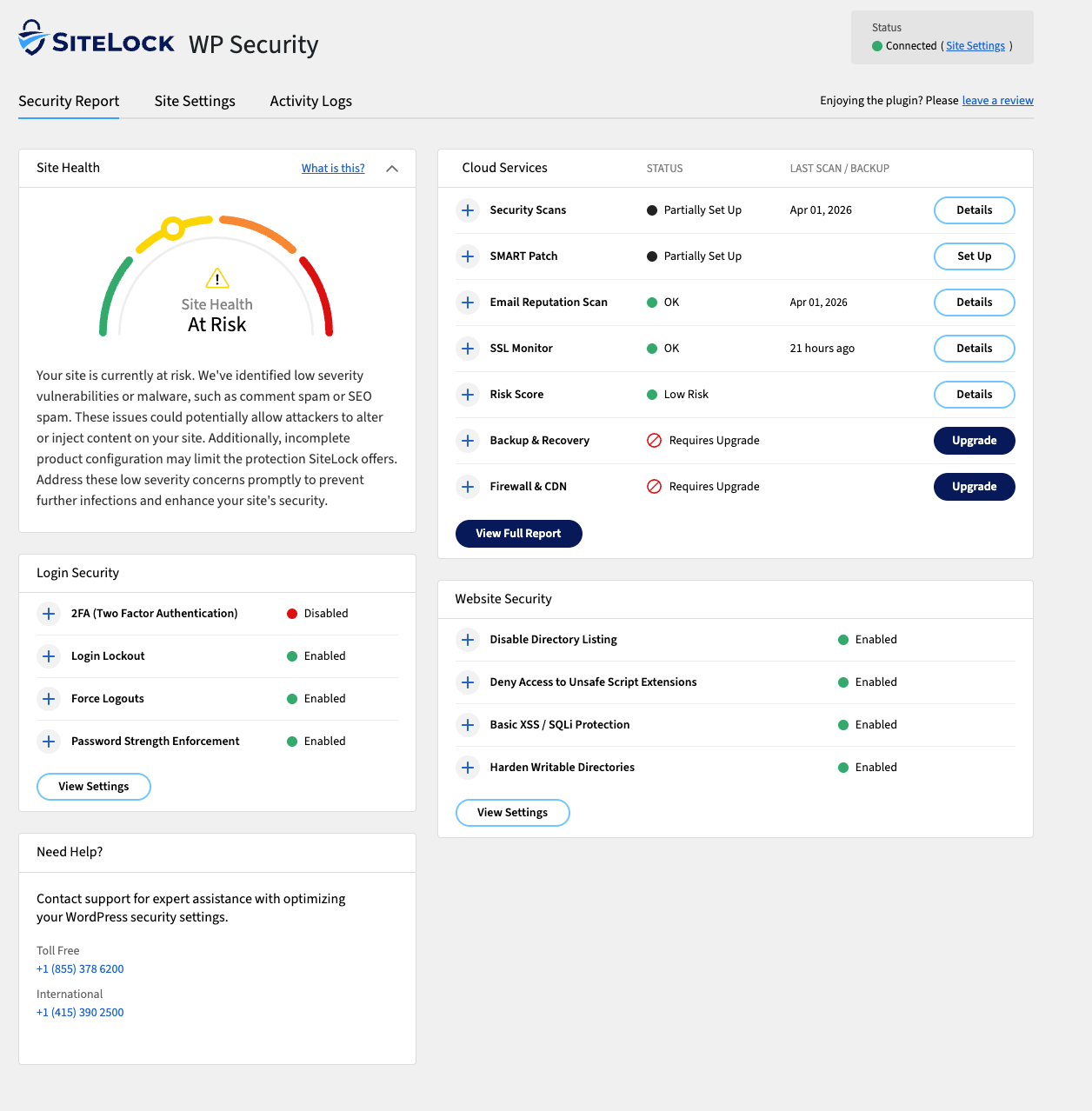 <strong>Dashboard</strong> — overview with Site Health