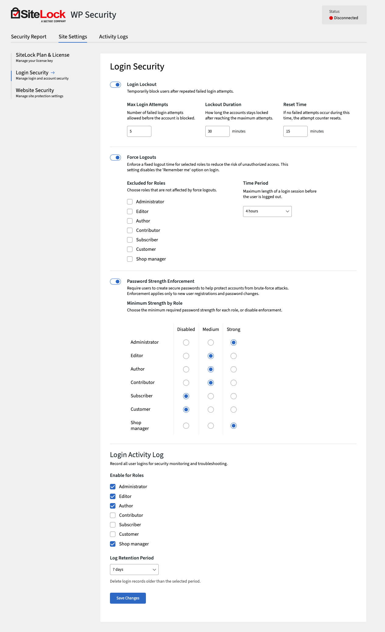 <strong>Login Security</strong> — brute-force defense, password hygiene and session timeouts
