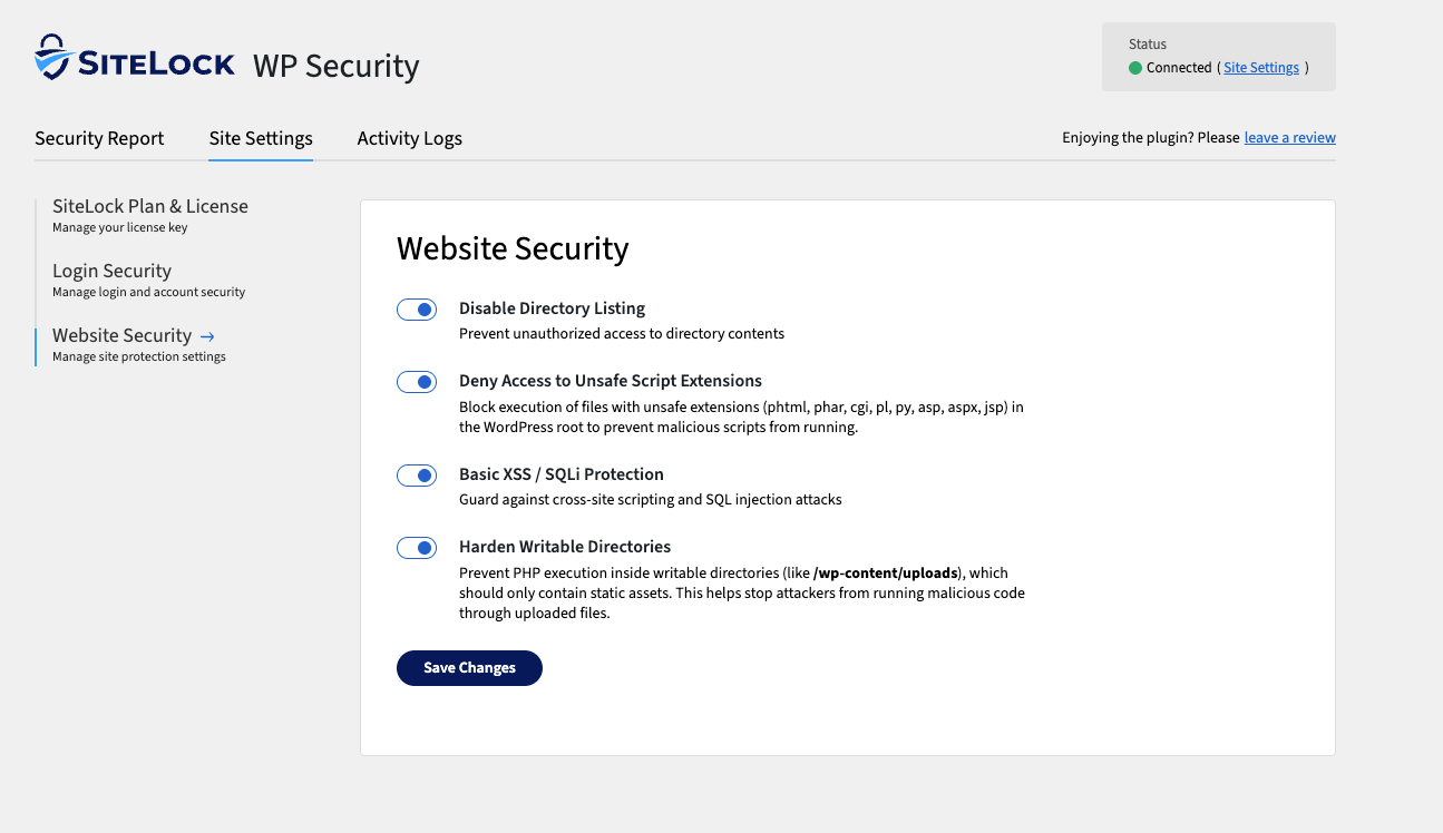 <strong>WordPress Hardening</strong> — one-click toggles for secure defaults