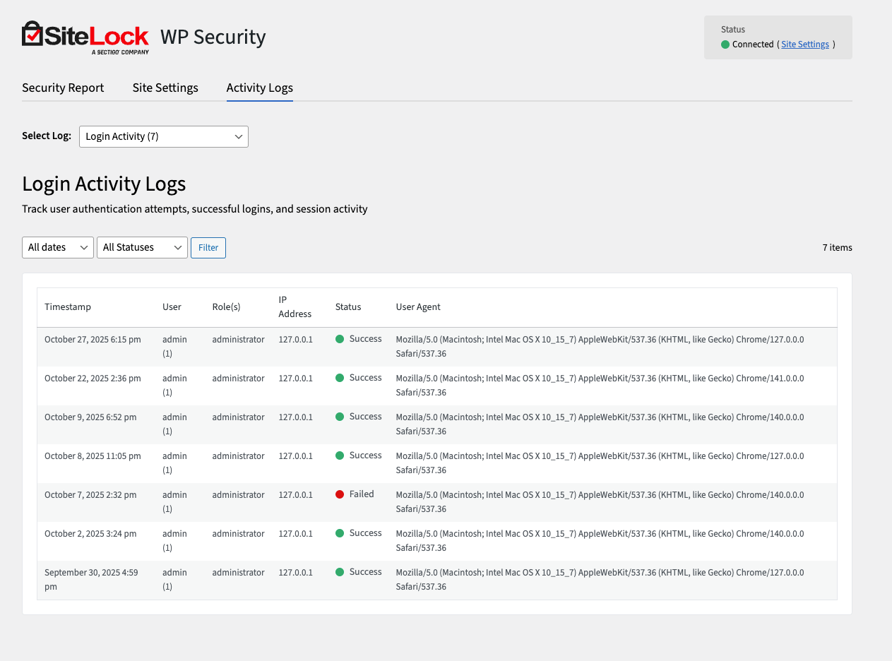 <strong>Activity Log</strong> — recent admin/login events at a glance