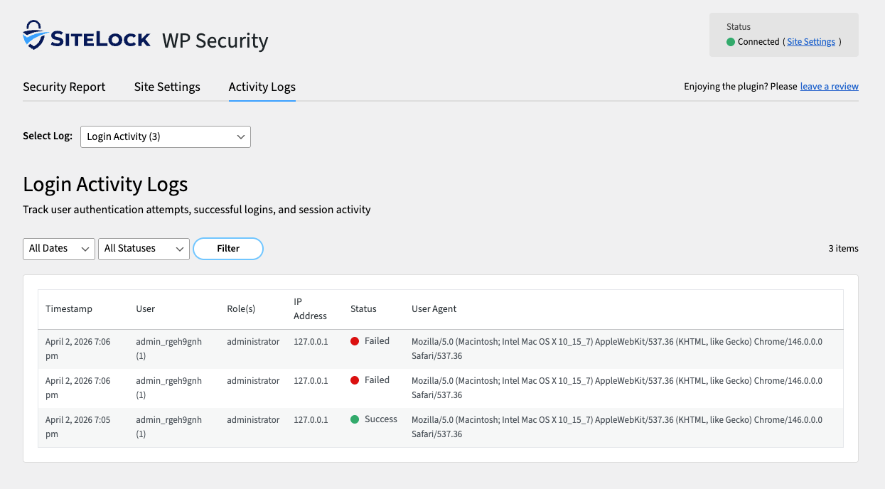 <strong>Activity Log</strong> — recent admin/login events at a glance
