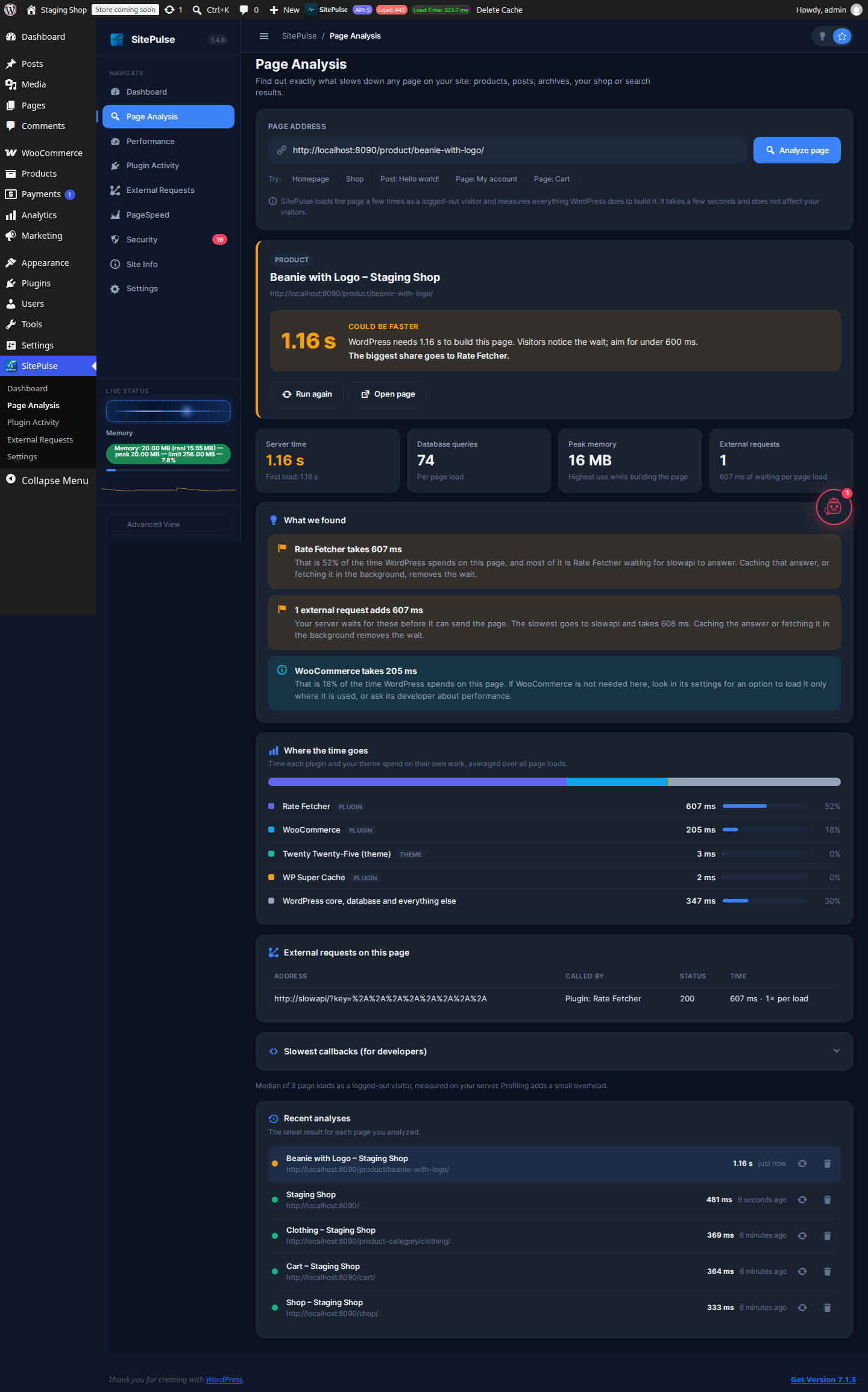 Page Analysis – See exactly which plugins, theme code and external requests slow down any page, with plain-English findings