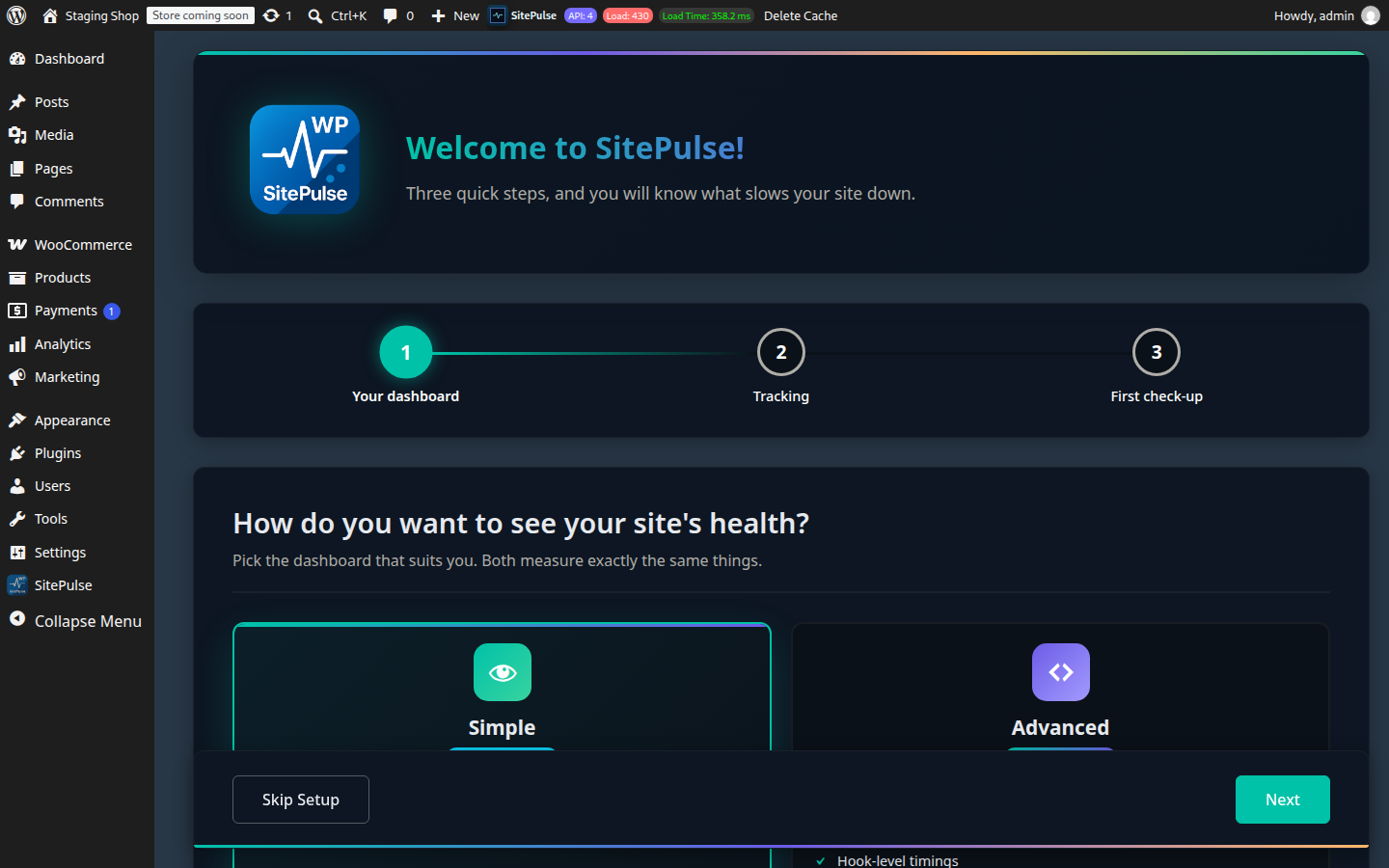 Choose the Simple or Advanced dashboard during onboarding; switch any time.
