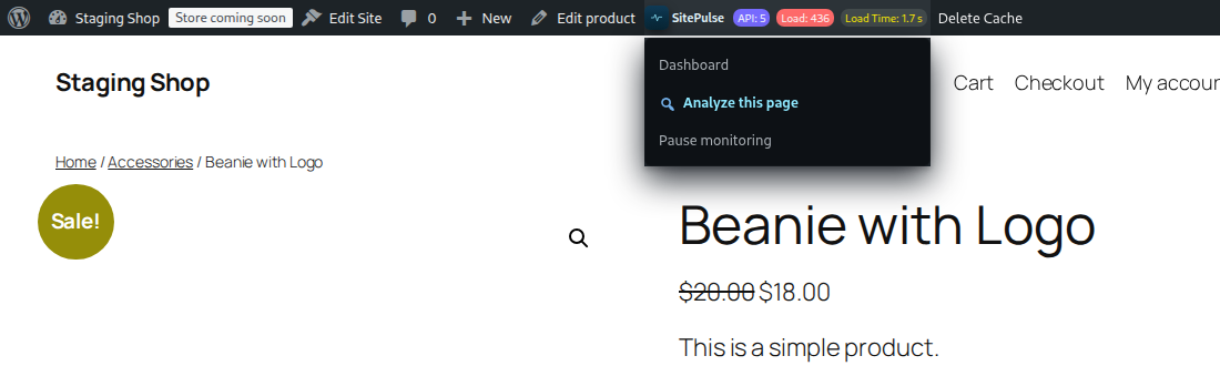 Analyze this page – Start a Page Analysis of any product, post or archive from the toolbar, or pause monitoring without deactivating.