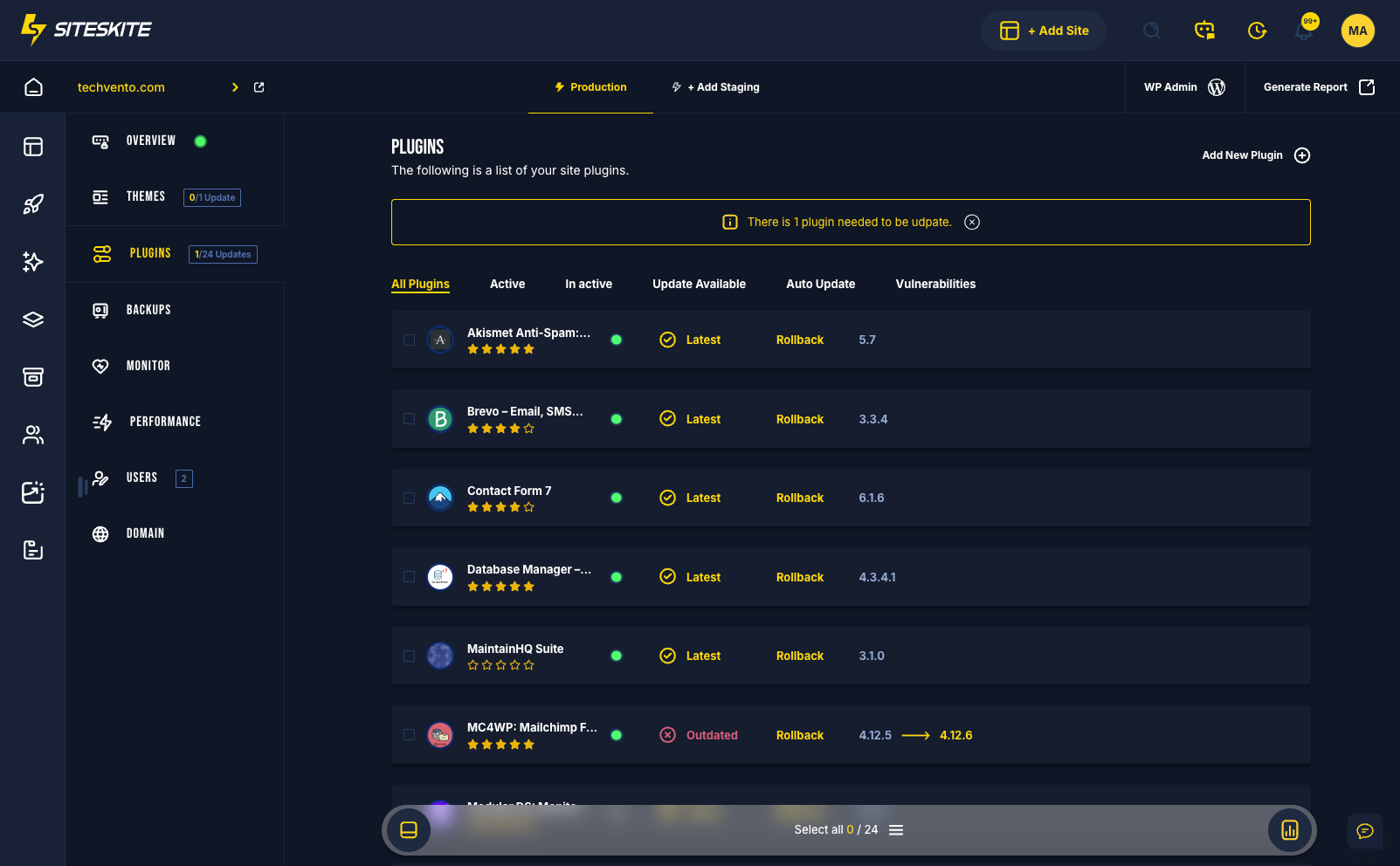 Plugins management — updates and bulk actions across sites