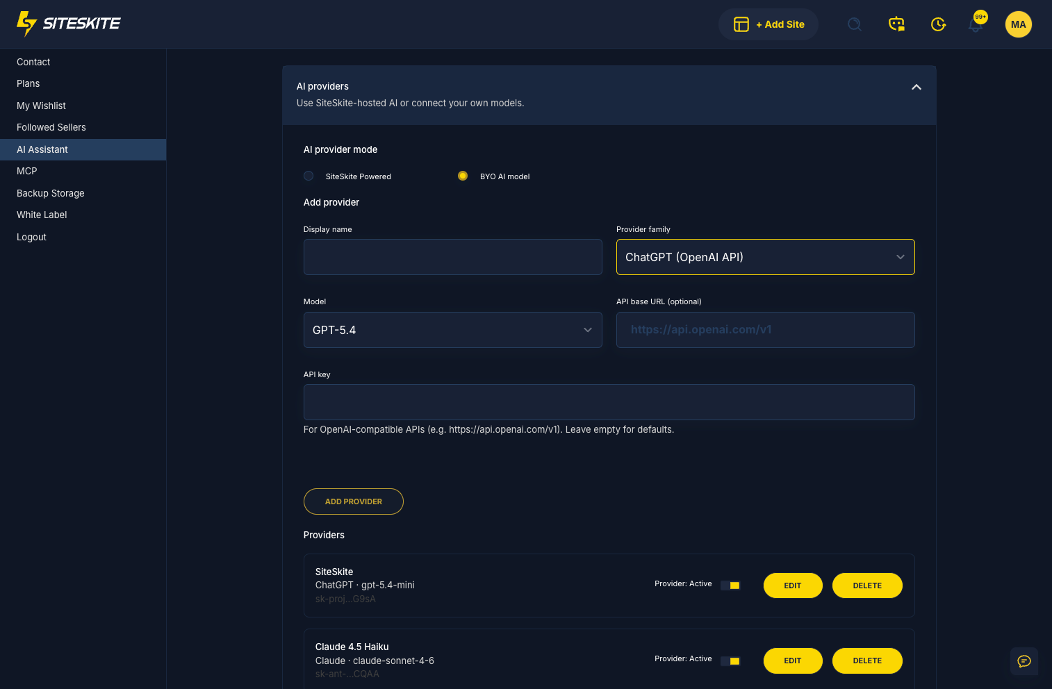 Bring Your Own AI — use your preferred LLM with SiteSkite