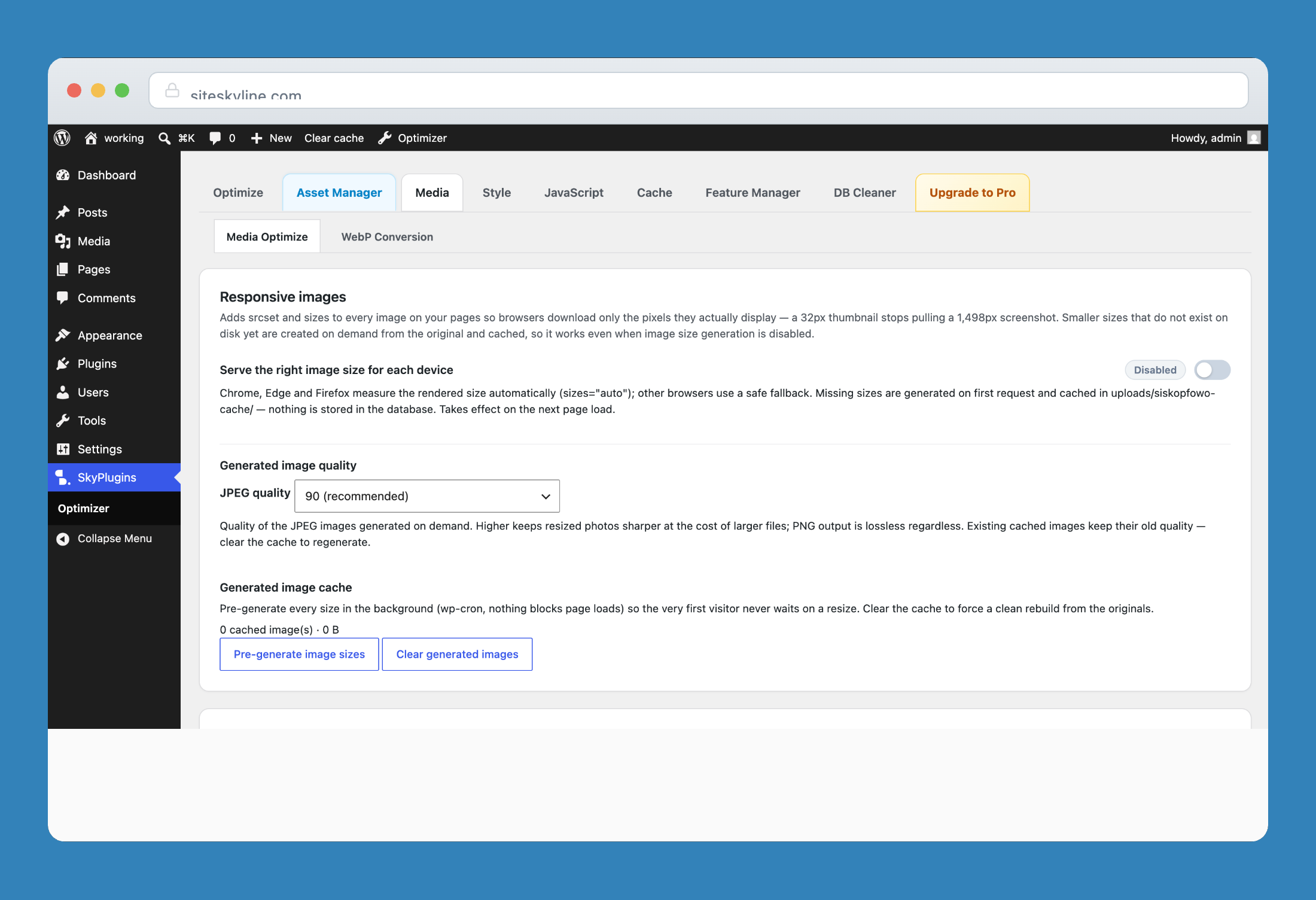 Responsive image sizing settings with on-demand resizing and cache management.