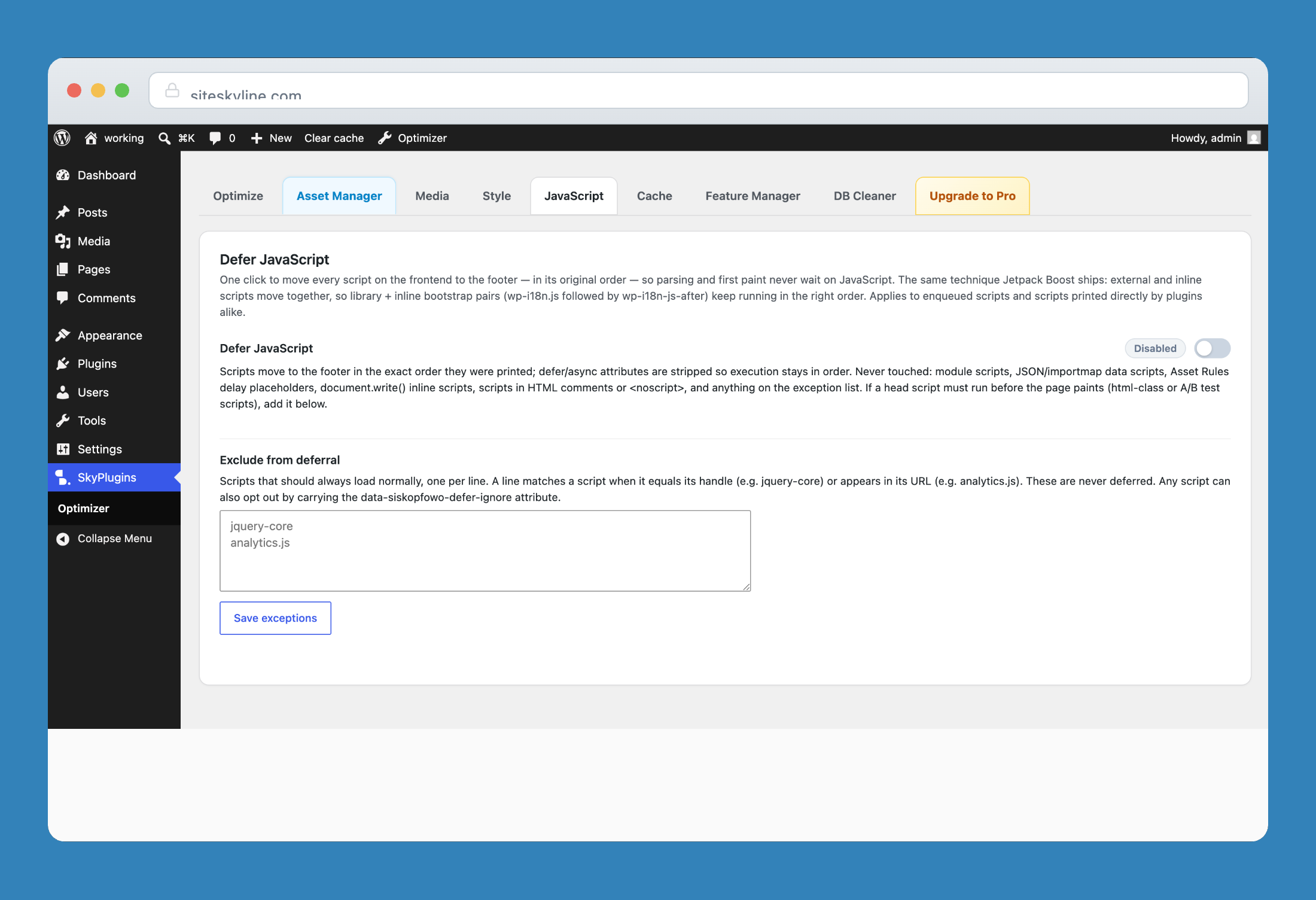 JavaScript deferral settings with script exclusions and sequential execution.