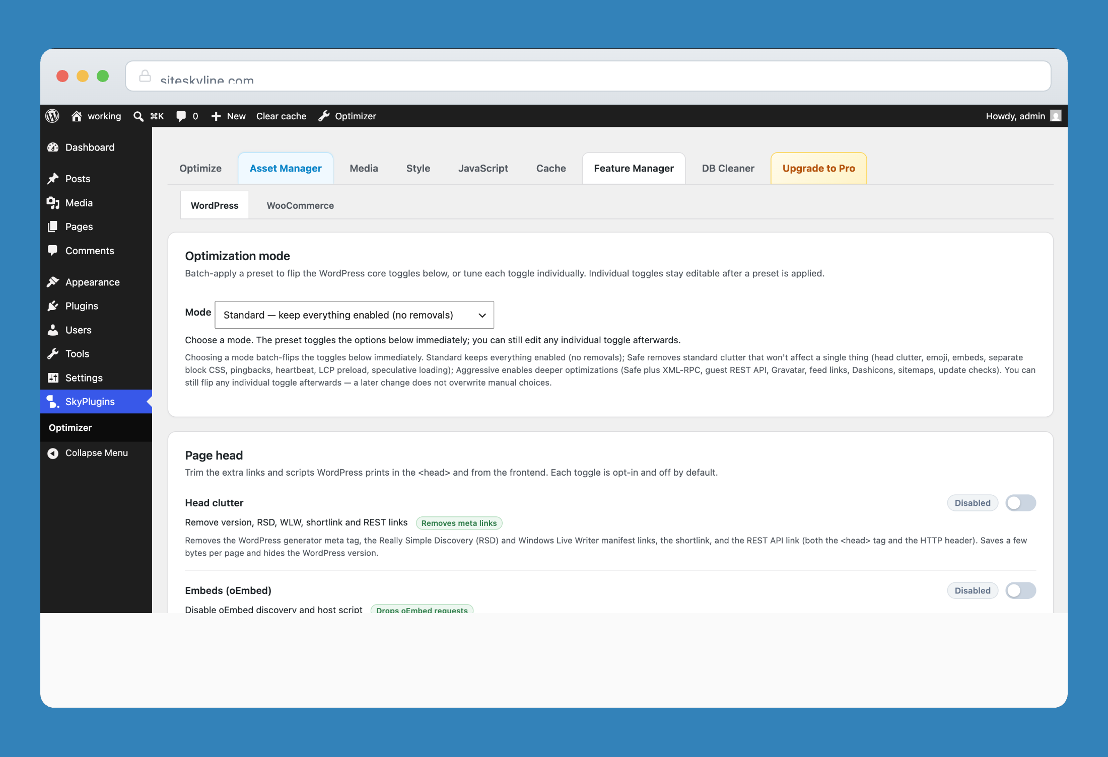 WordPress core feature manager with presets, page head cleaner, and bloat toggles.