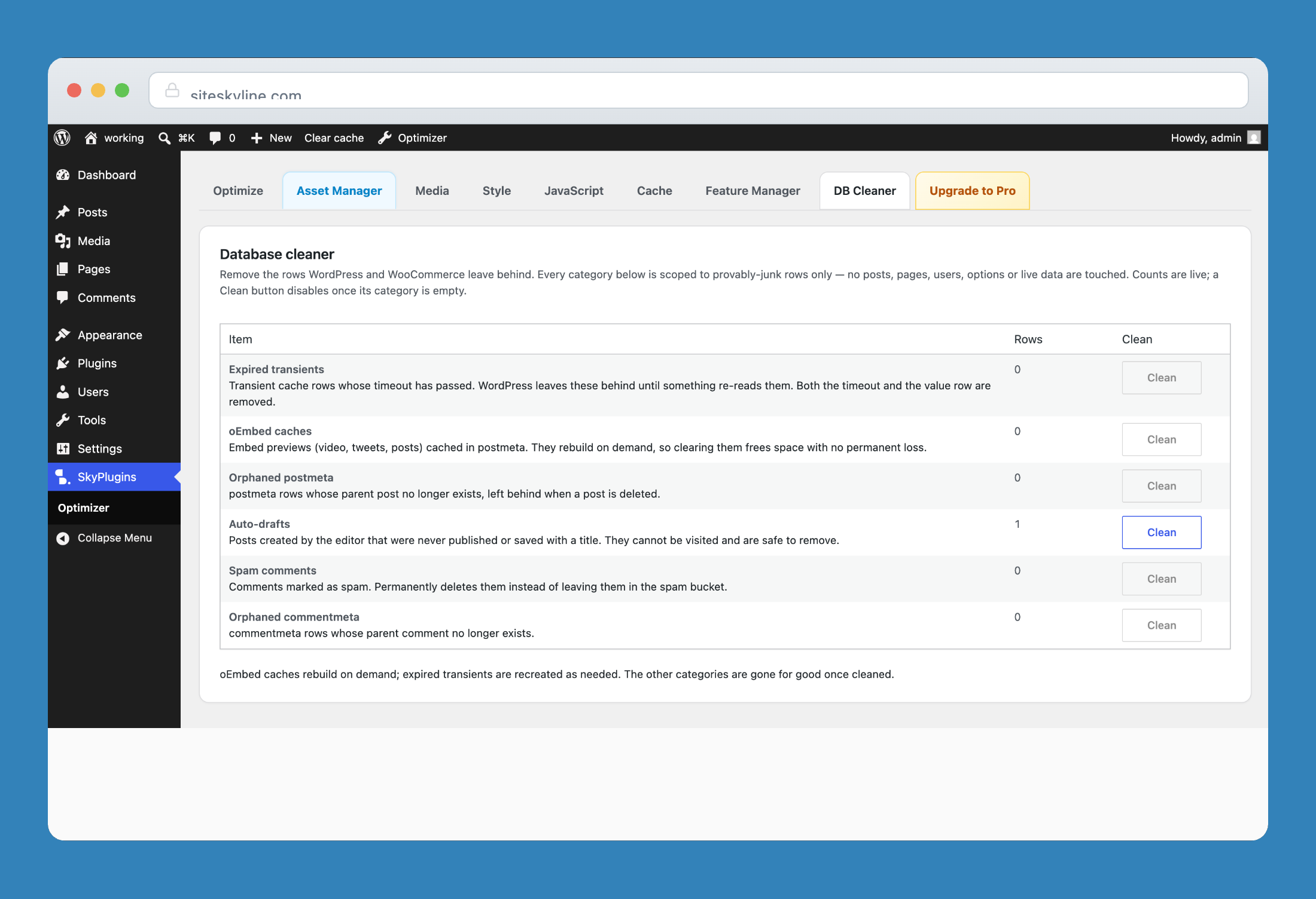 Database cleaner for expired transients, revisions, drafts, and MySQL table optimization.
