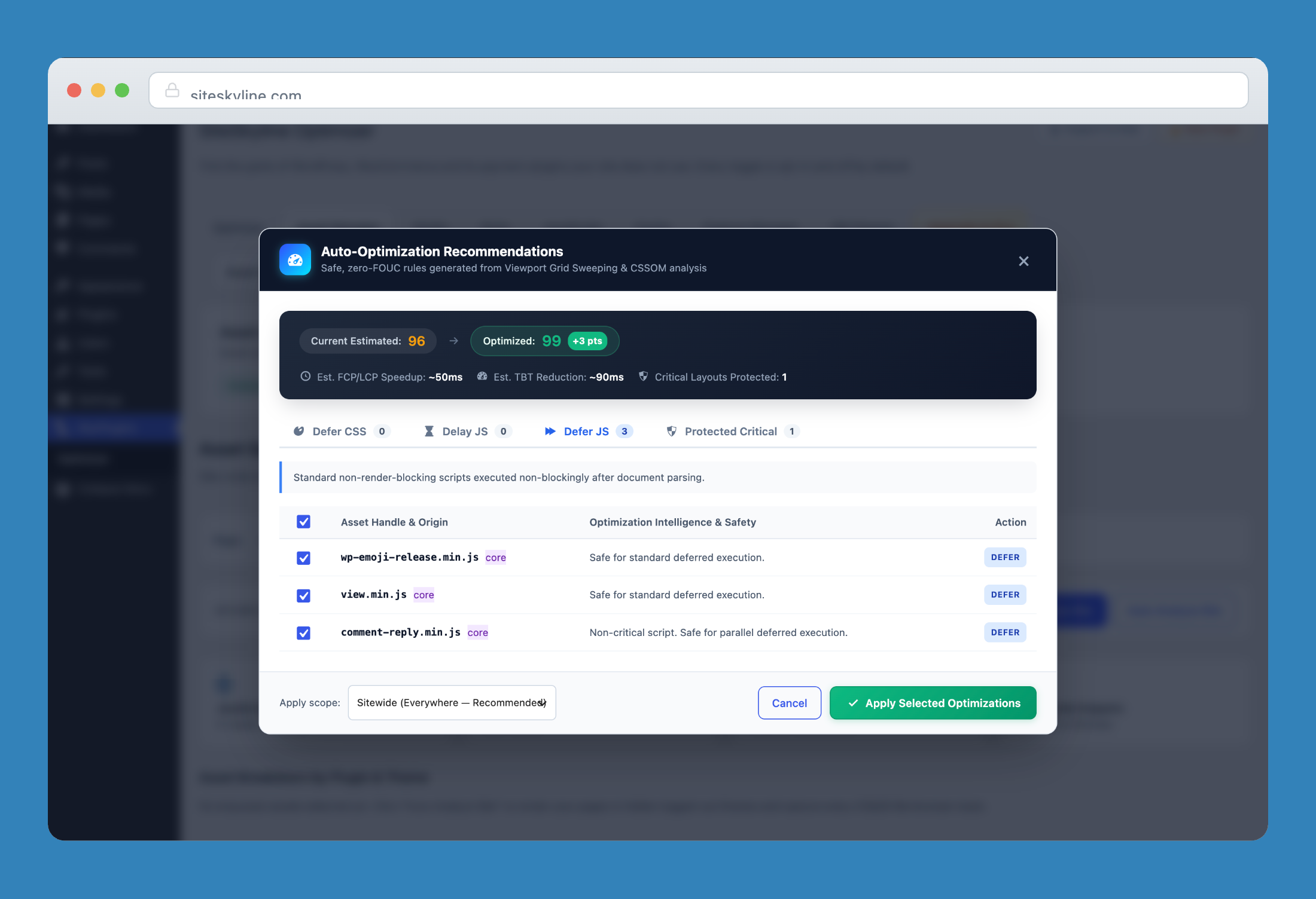 Auto-optimization recommendations modal with PageSpeed score estimation and safety intelligence.