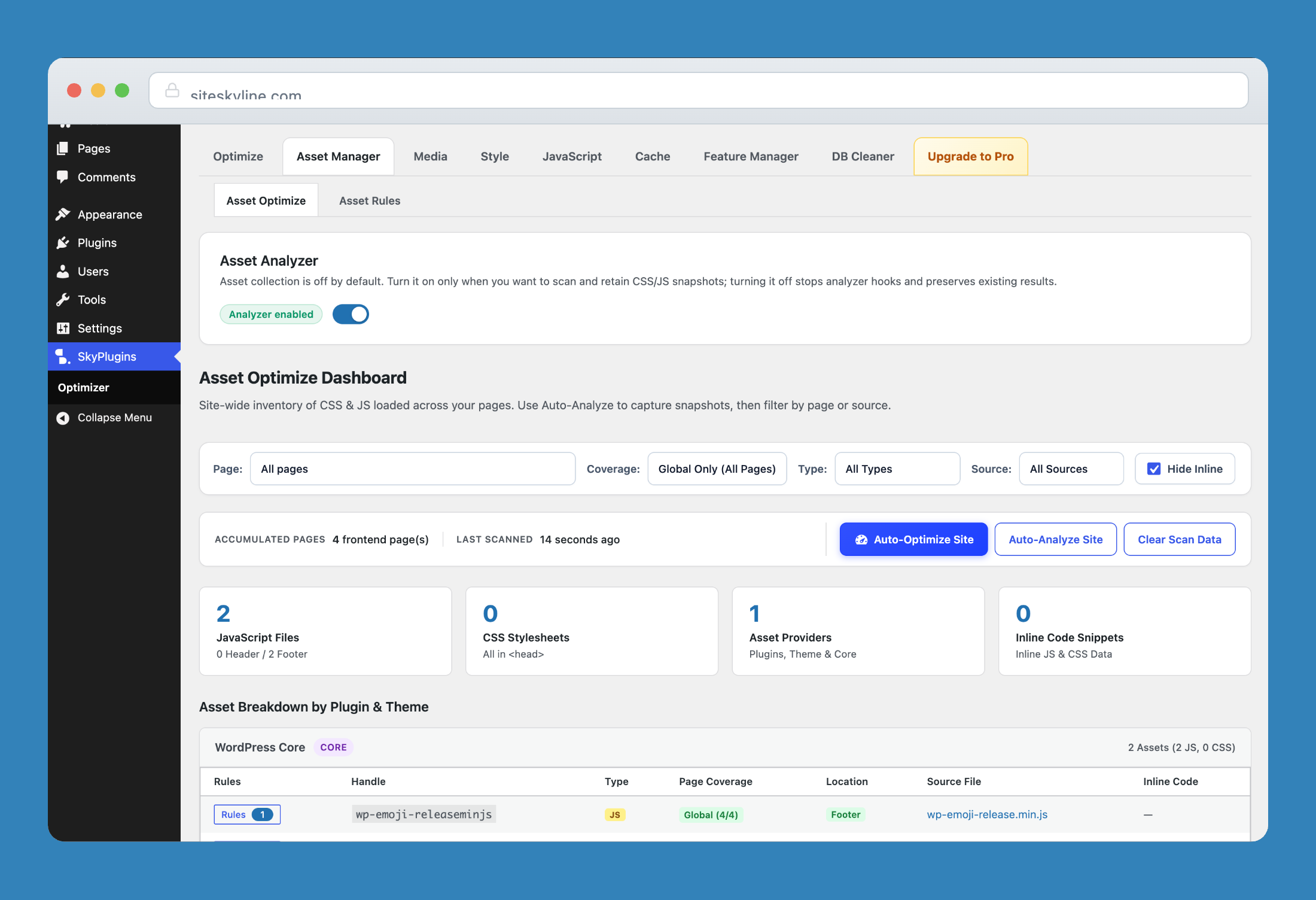 Asset optimize dashboard with CSS & JavaScript inventory and auto-analysis.