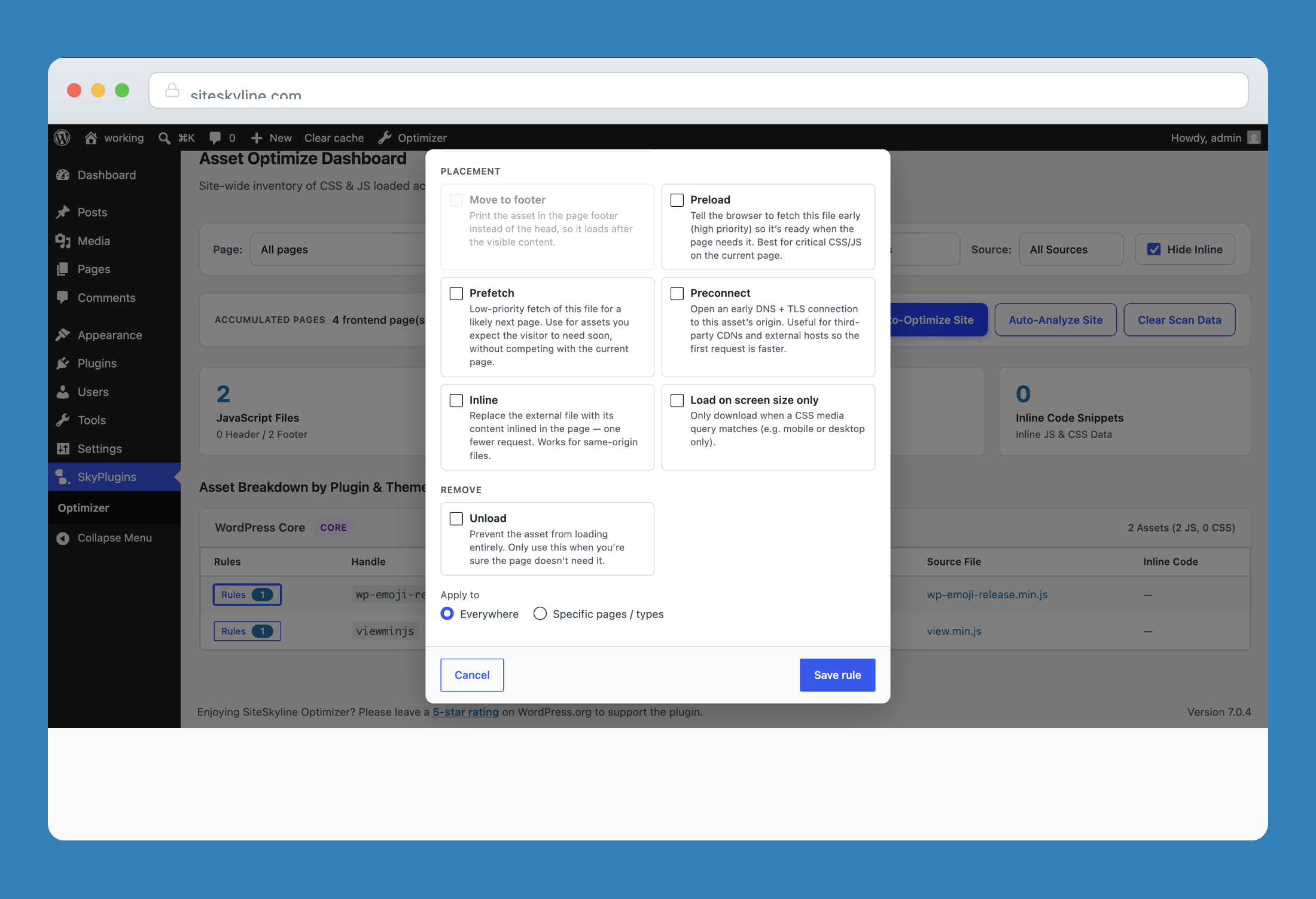 Asset rule configuration modal for defer, delay, preload, inline, and unload actions.