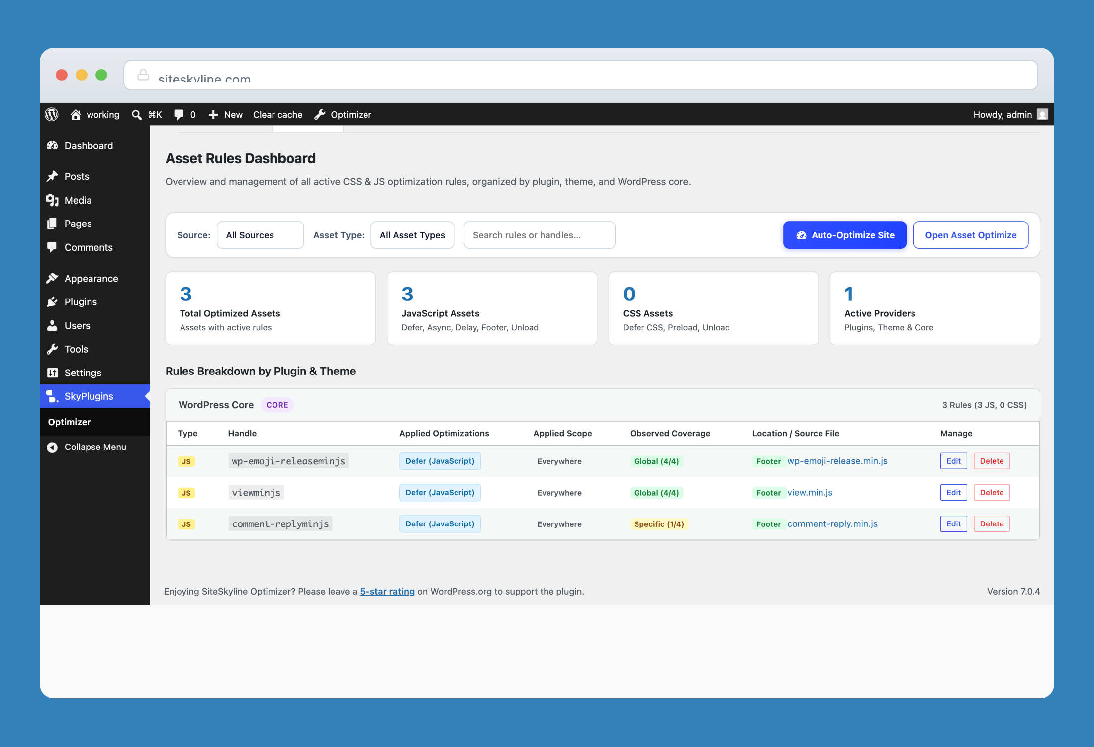 Asset rules dashboard overview of all active rules by plugin, theme, and core.