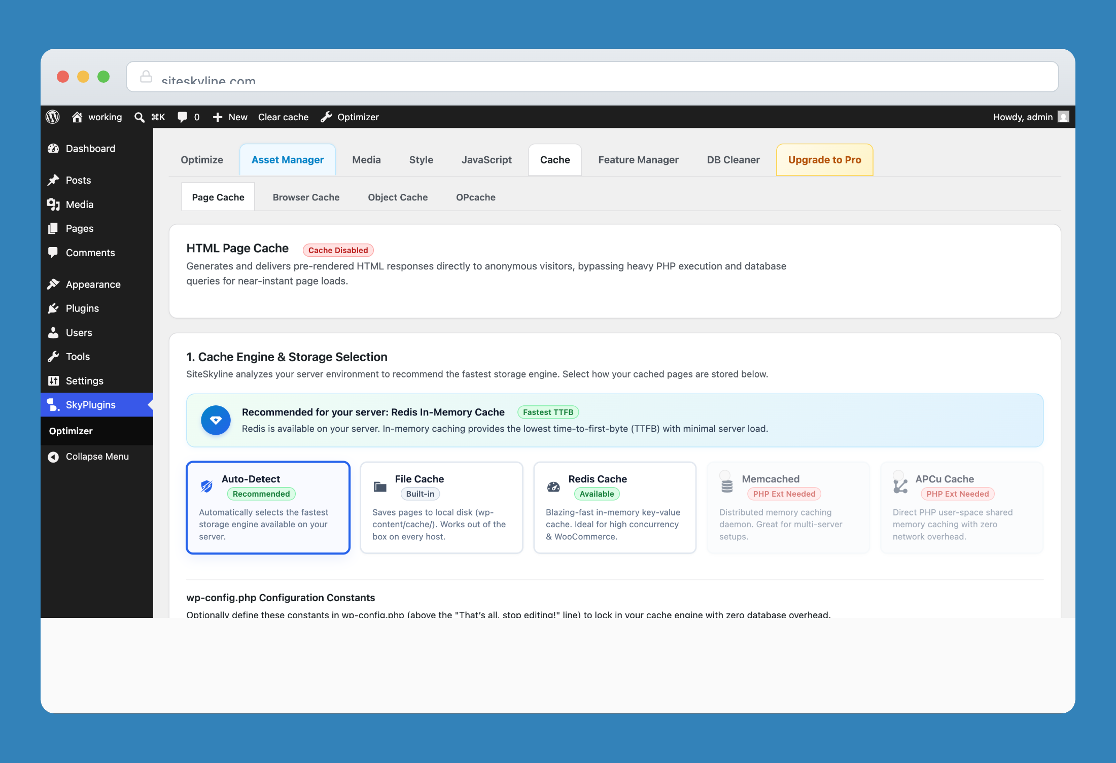 HTML page cache settings with file, Redis, Memcached, and APCu backend support.