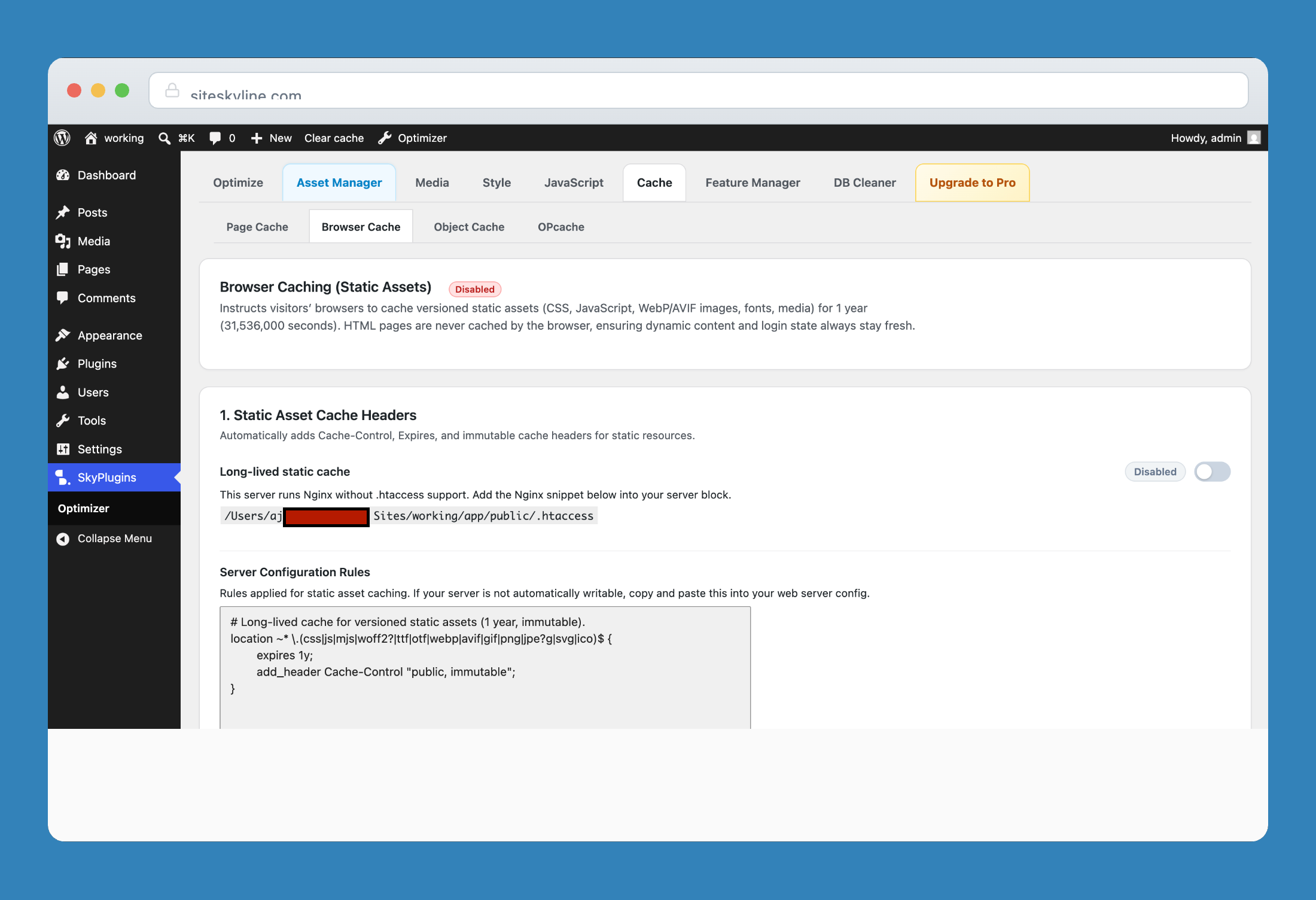 Browser caching rules with 1-year static asset headers and server config snippets.
