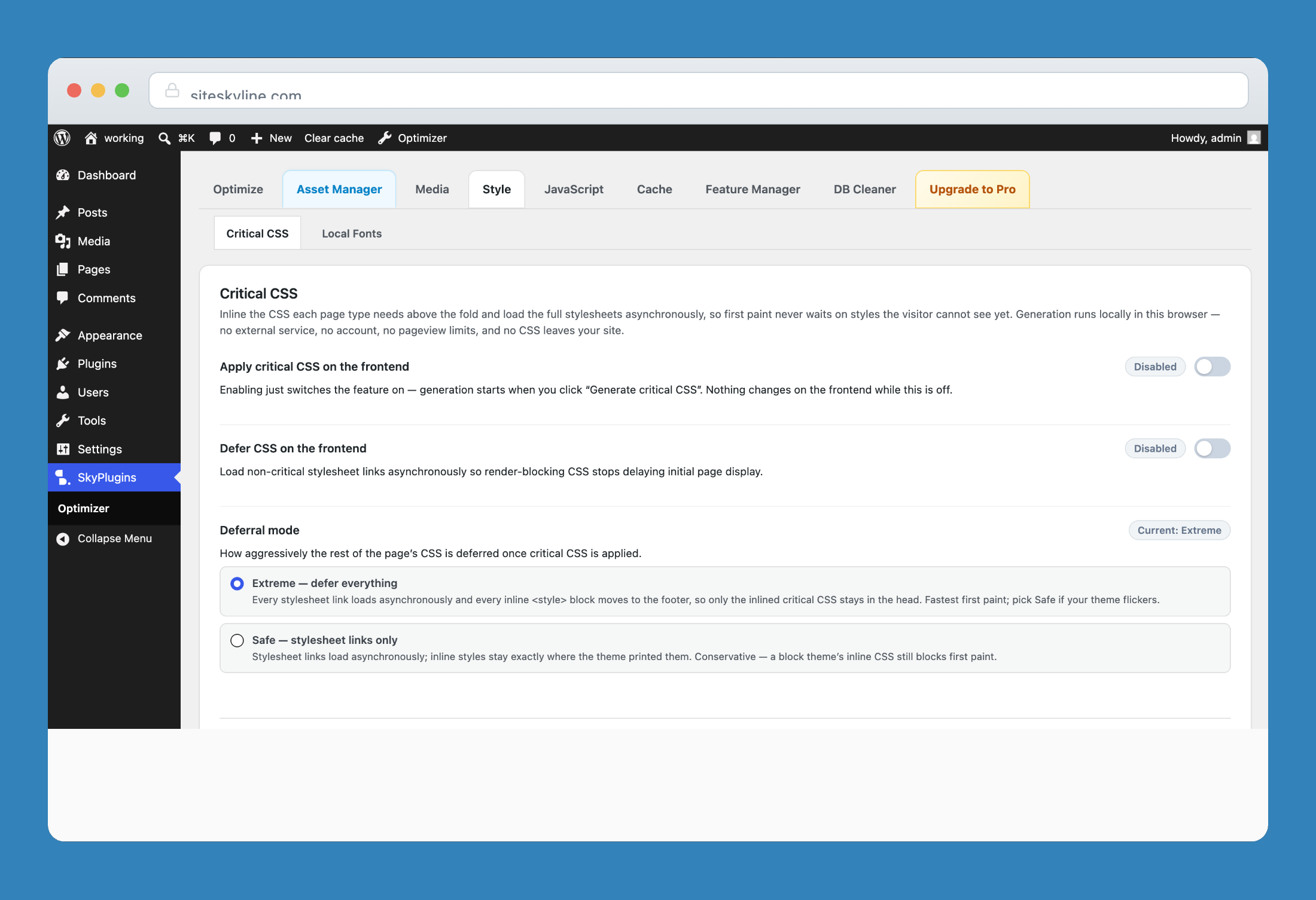 Critical CSS settings with frontend injection and Extreme vs Safe deferral modes.