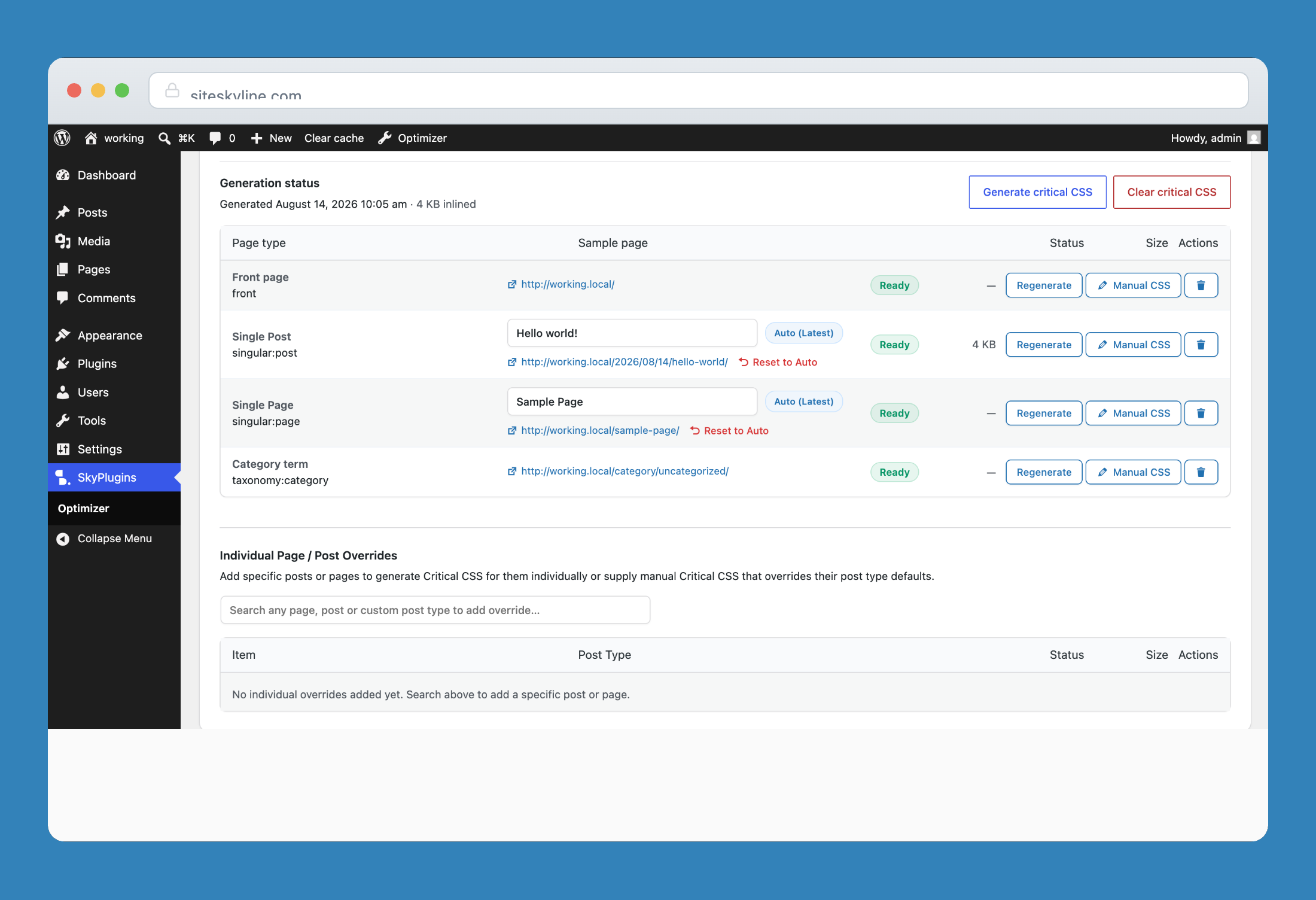 Critical CSS generation status table and per-template overrides.