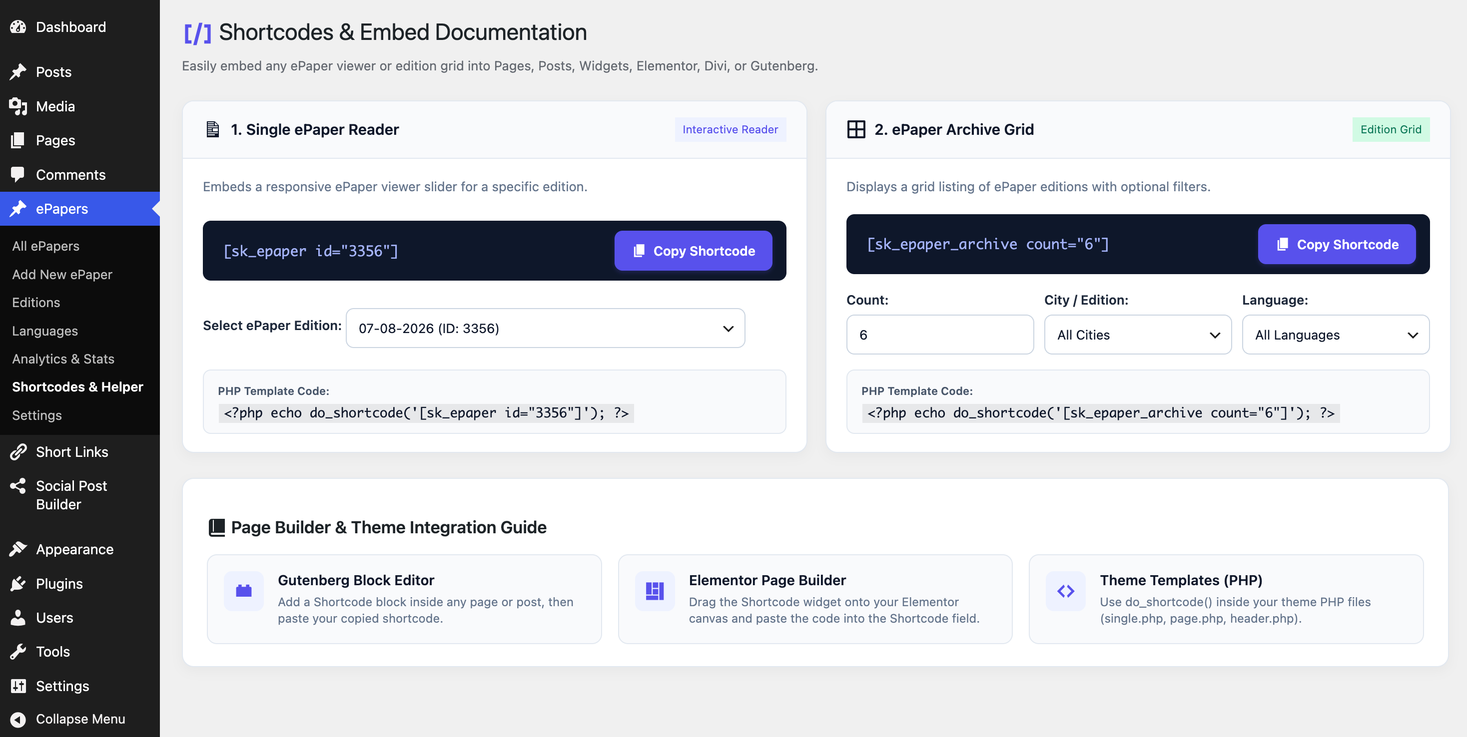 Admin: Shortcodes & Embed Documentation – Dynamic shortcode builder and integration guide for Gutenberg, Elementor, and PHP templates.