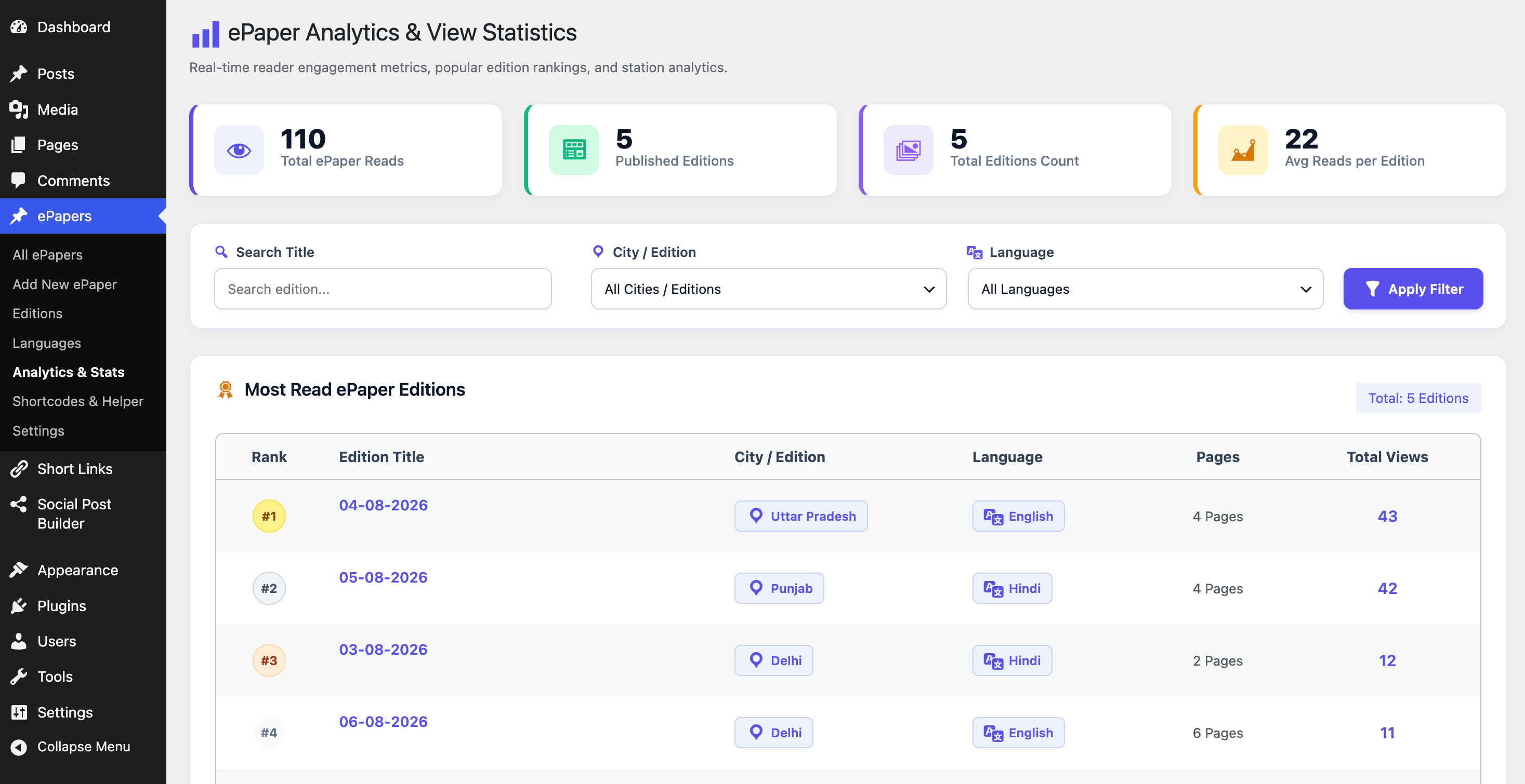 Admin: ePaper Analytics & View Statistics – Real-time reader engagement metrics, top rankings, live search, and AJAX pagination.