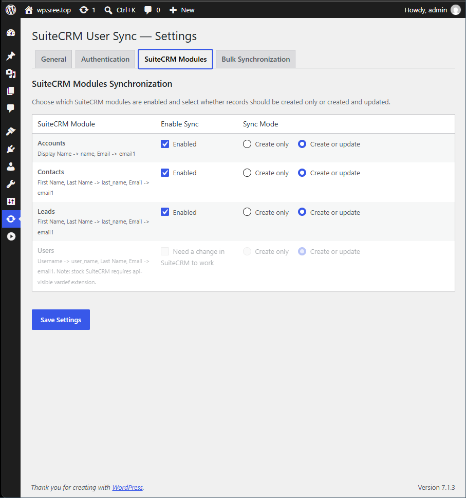 SuiteCRM Modules to which the wordpress users get synced