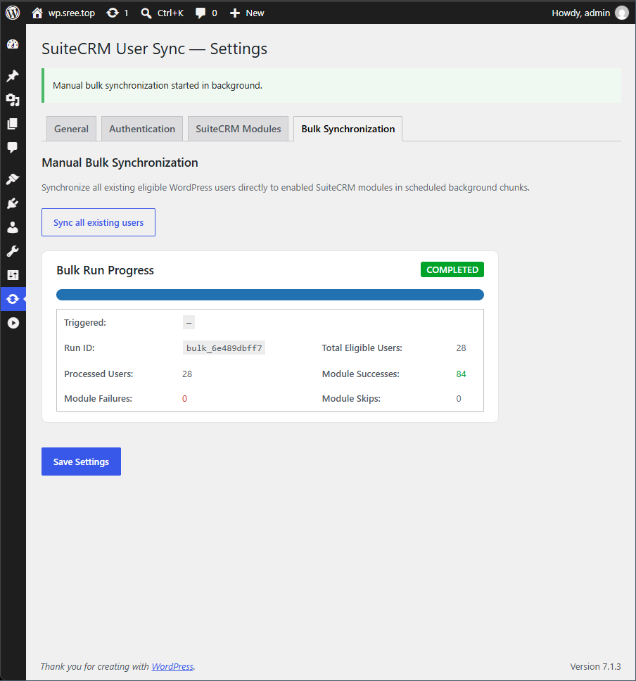 Manually push wordpress users to SuiteCRM