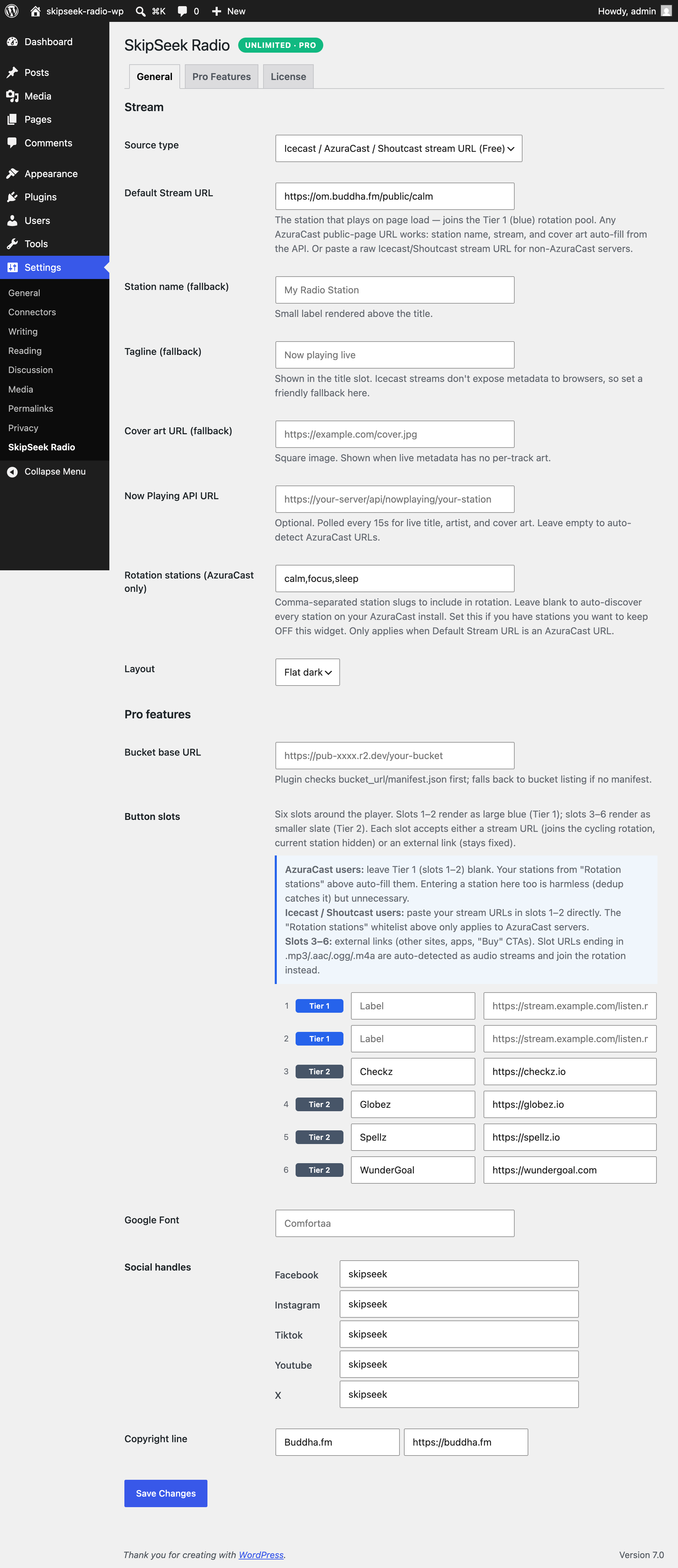 Settings page.