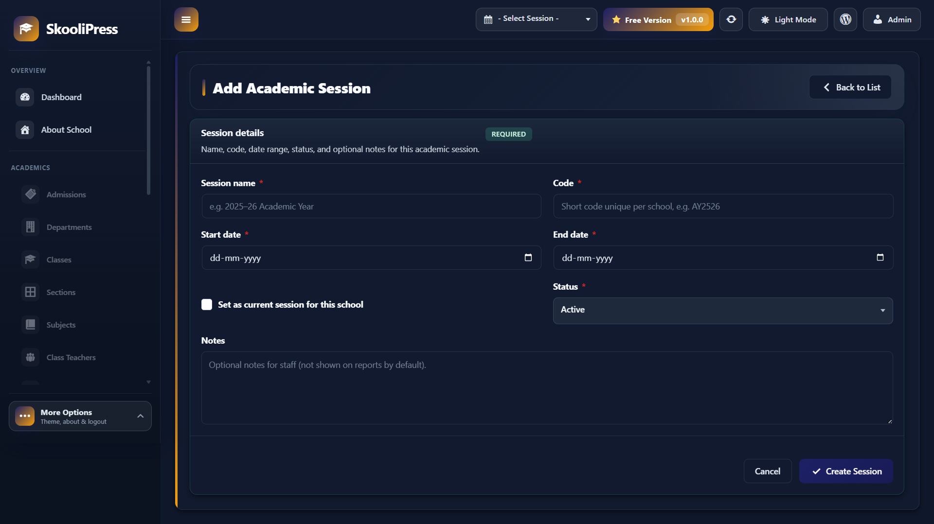 Add Academic Session Screen