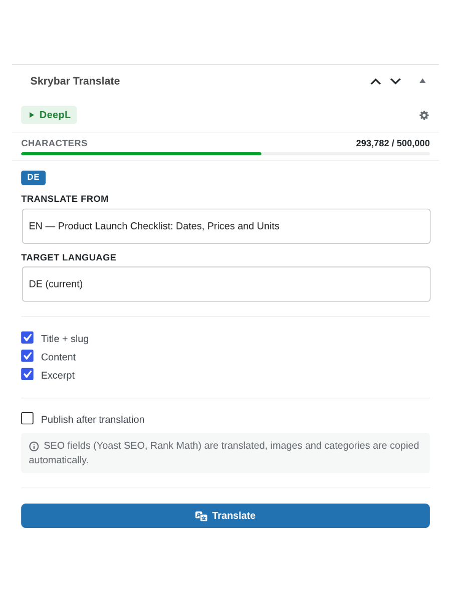 Skrybar Translate box: source post, target language and translation options