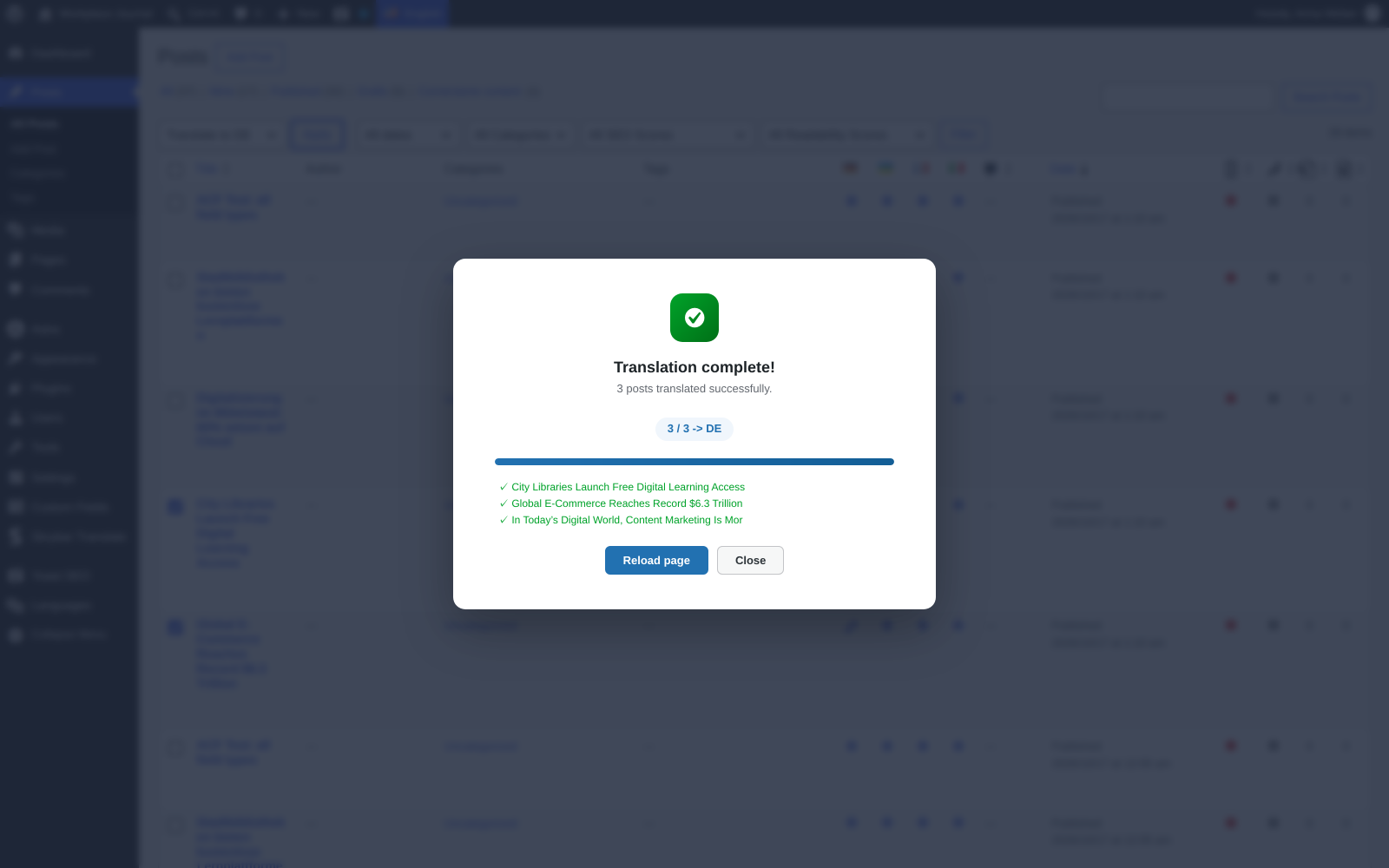 Bulk translation from the post list (Bulk actions → Translate to DE)