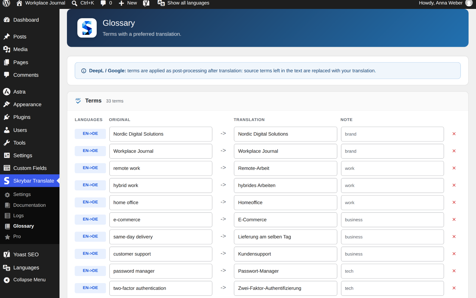 Glossary with term pairs and notes per language pair