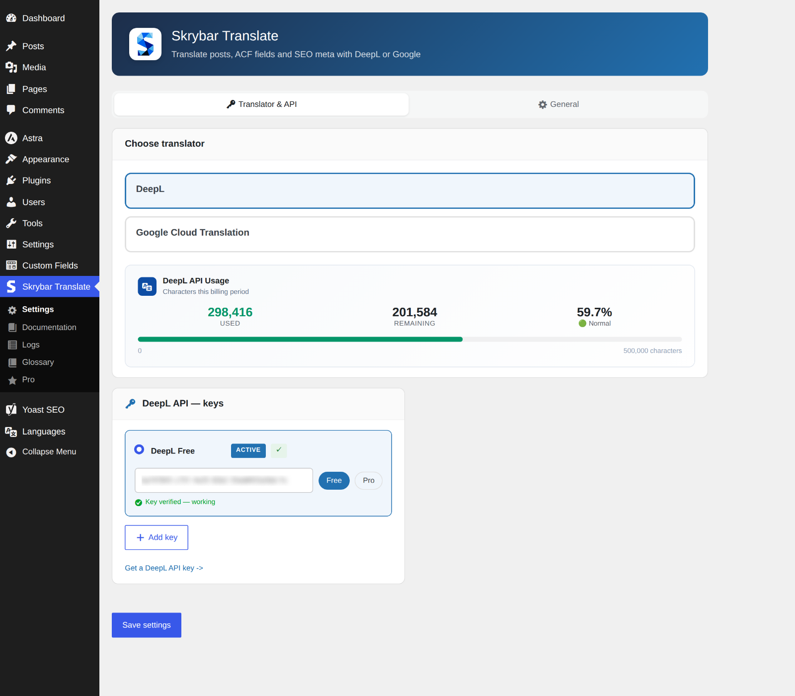 Translator & API settings: DeepL keys and character usage
