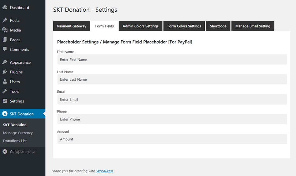 <p>Donation Form Fields</p>