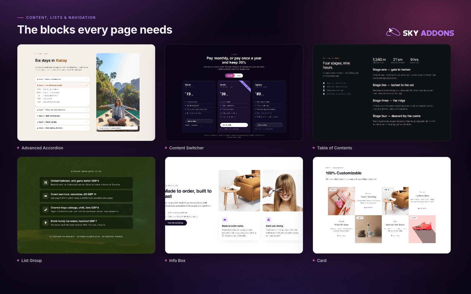 Everyday building blocks: Advanced Accordion, Content Switcher, Table of Contents, List Group, Info Box and Card.