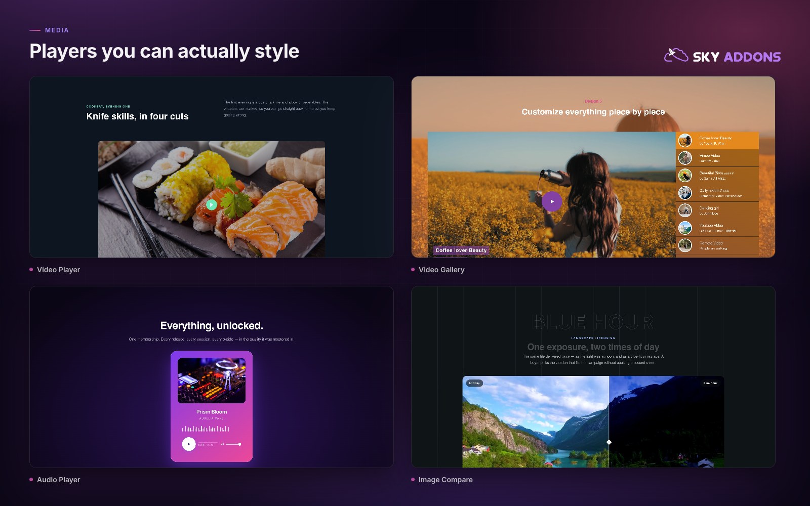 Media players styled inside Elementor, not embedded chrome: Video Player, Video Gallery, Audio Player and Image Compare.