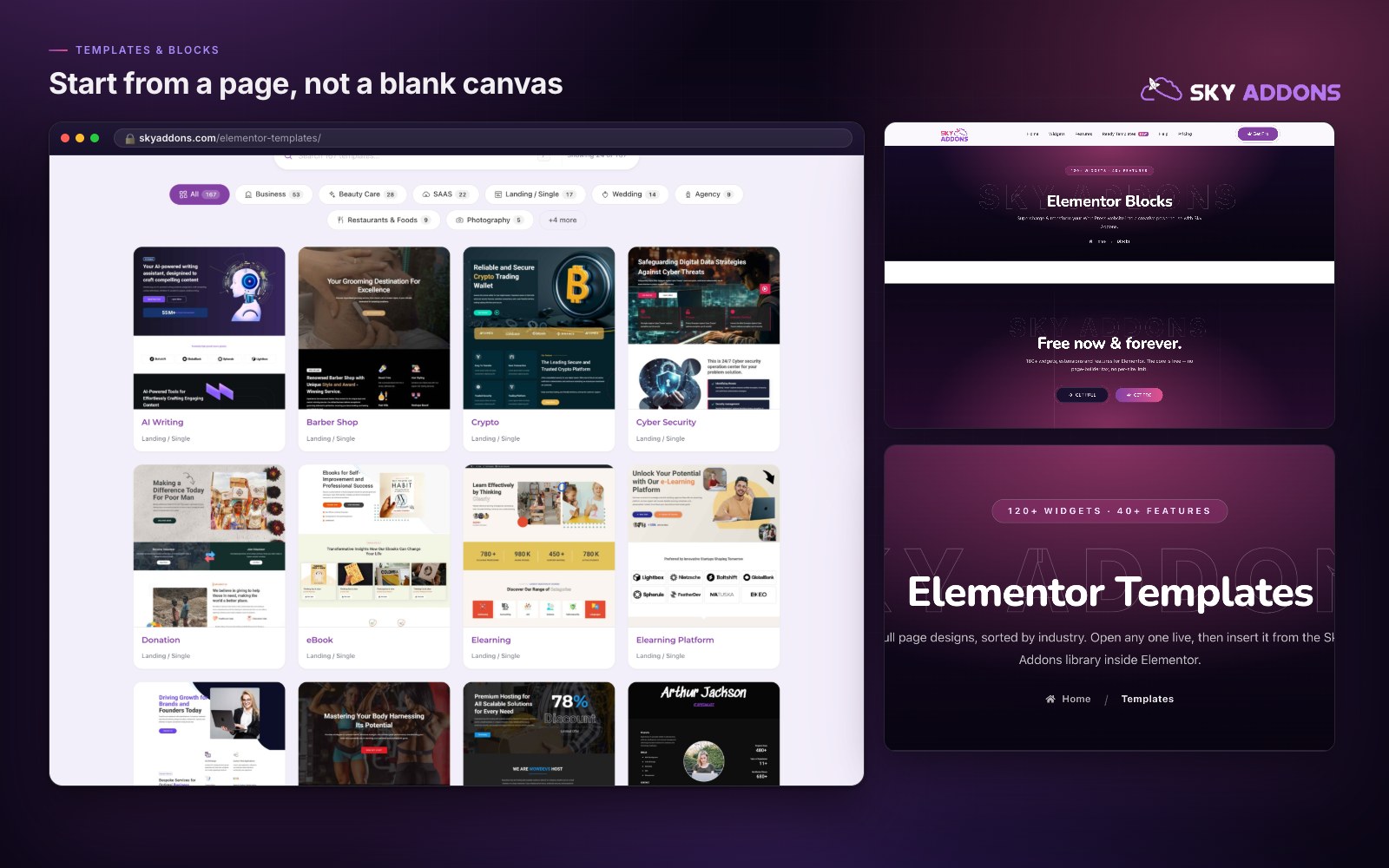 A templates library inside the editor — import a ready page or block, then edit it like your own.