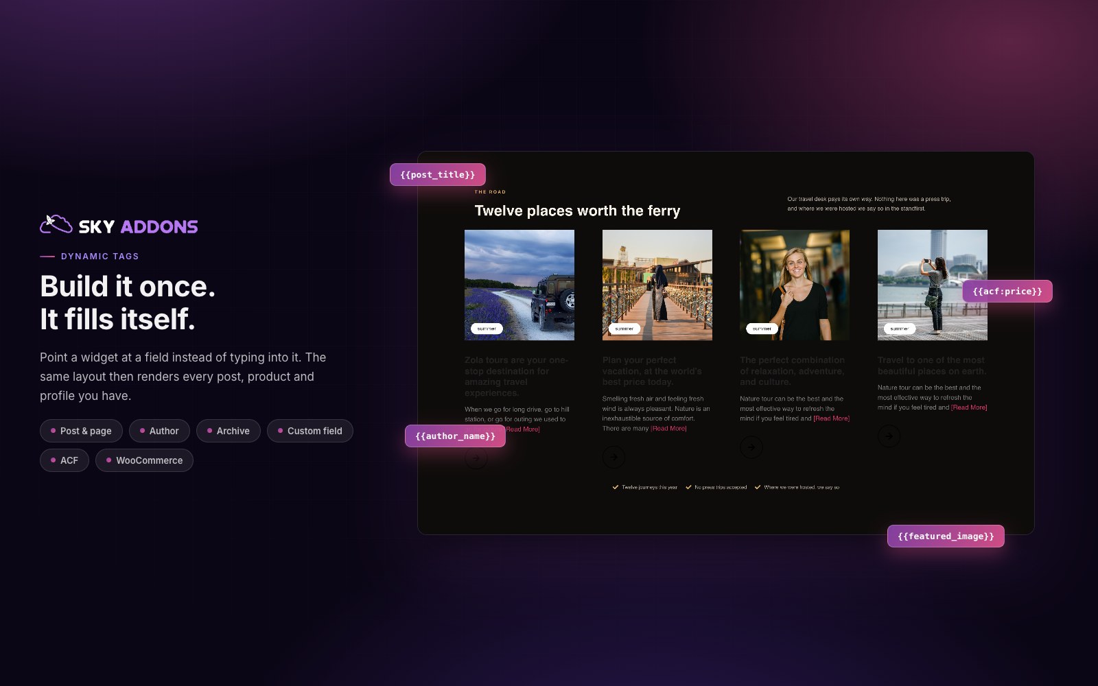 Dynamic tags: fill any widget from post, author, archive, custom field, ACF or WooCommerce data — one layout that renders every record.