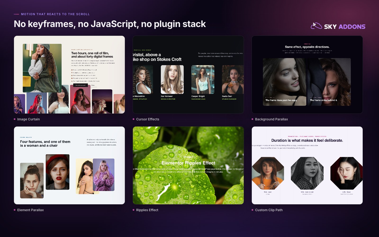 Scroll-driven motion on any section — image curtains, cursor effects, background and element parallax, ripples and clip paths, all set from the Elementor panel.